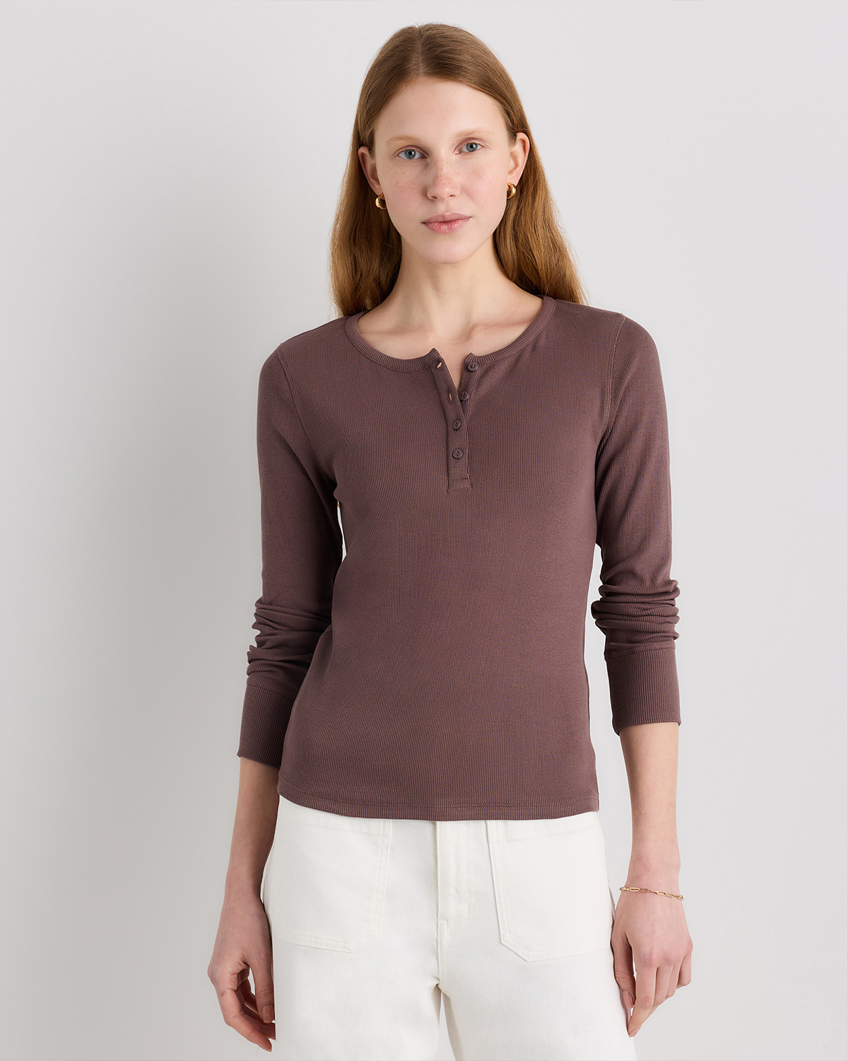 Taupe Brown Organic Cotton Micro-Rib Henley Long Sleeve Tee