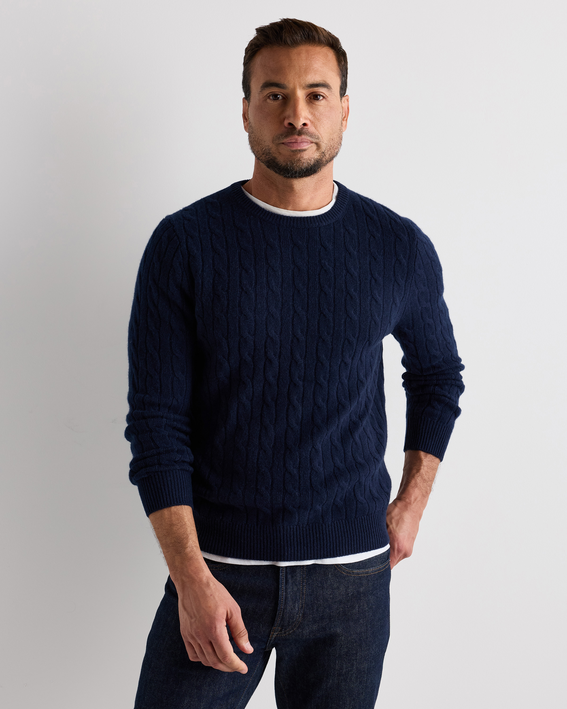True Navy Mongolian Cashmere Classic Cable Crewneck Sweater