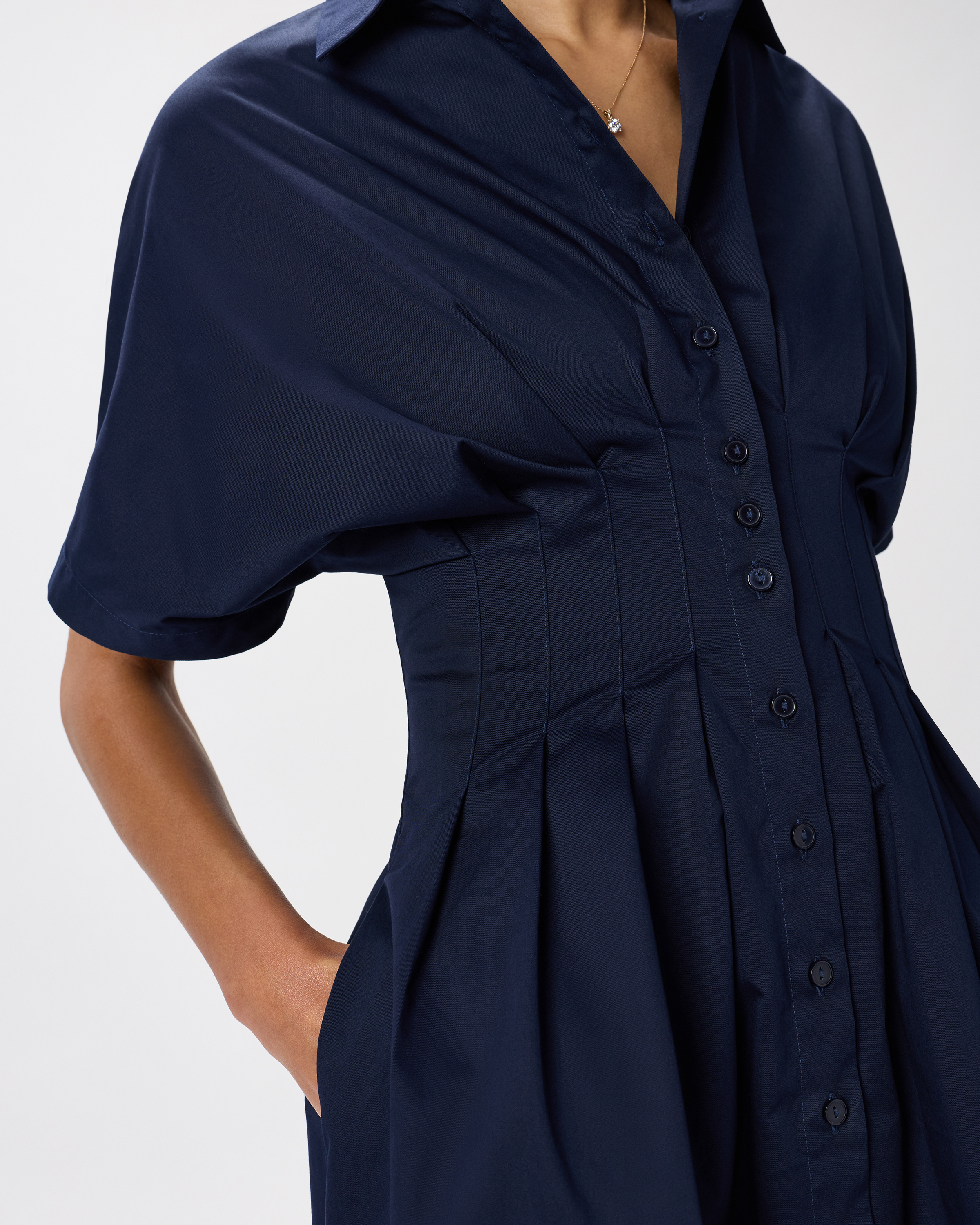 stretch twill pleated midi shirt dress Women's Stretch Twill Pleated Midi Shirt Dress in True Black