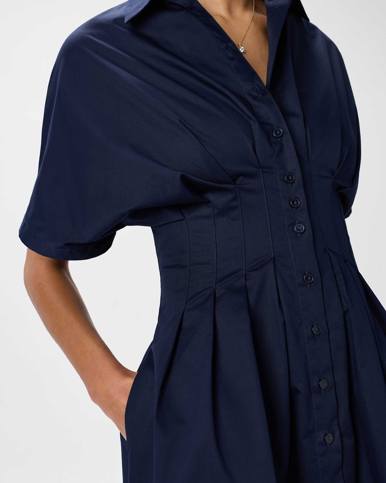 stretch twill pleated midi shirt dress Women's Stretch Twill Pleated Midi Shirt Dress in True Black