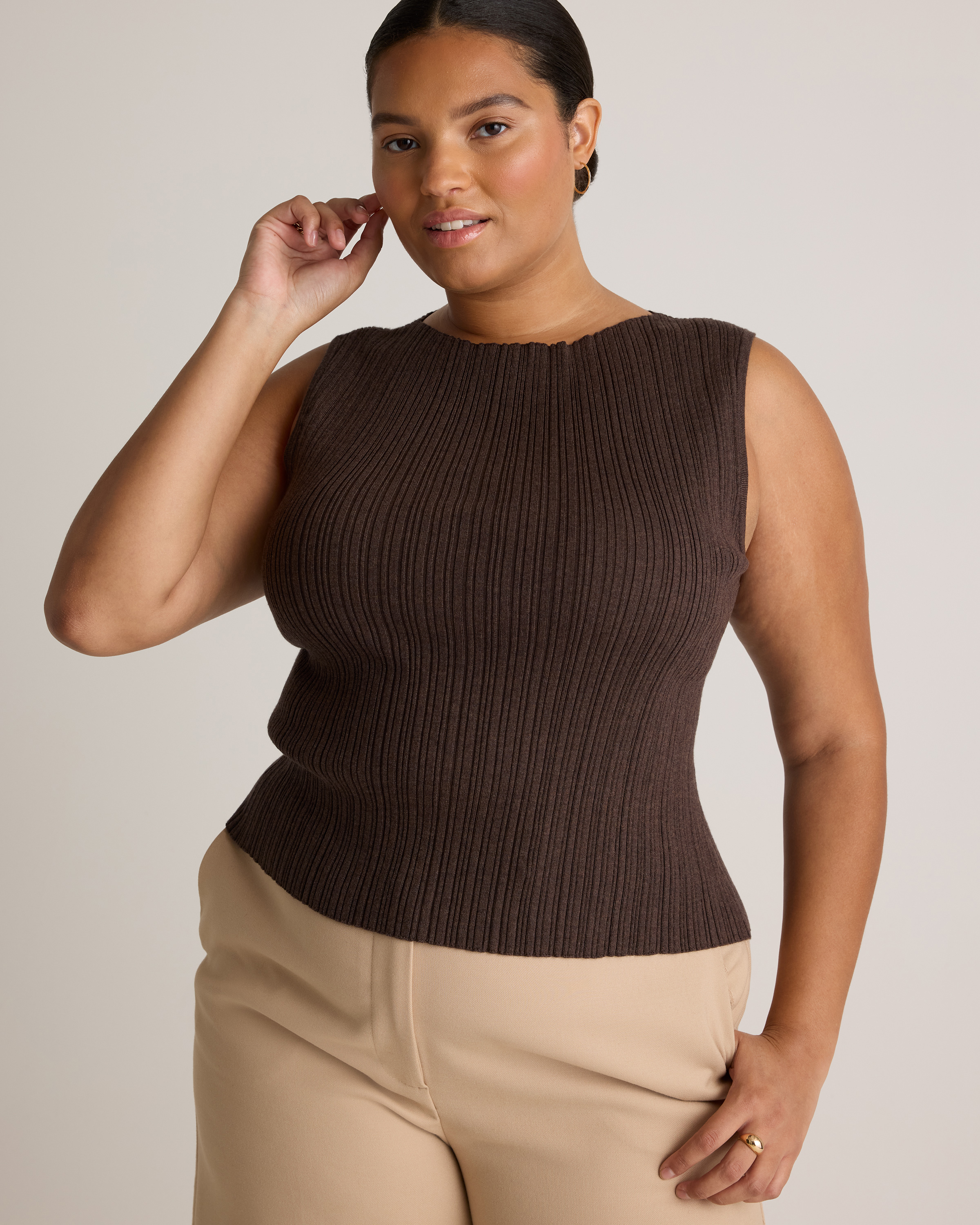 Cotton Cashmere Ribbed Tank in Mocha Heather
