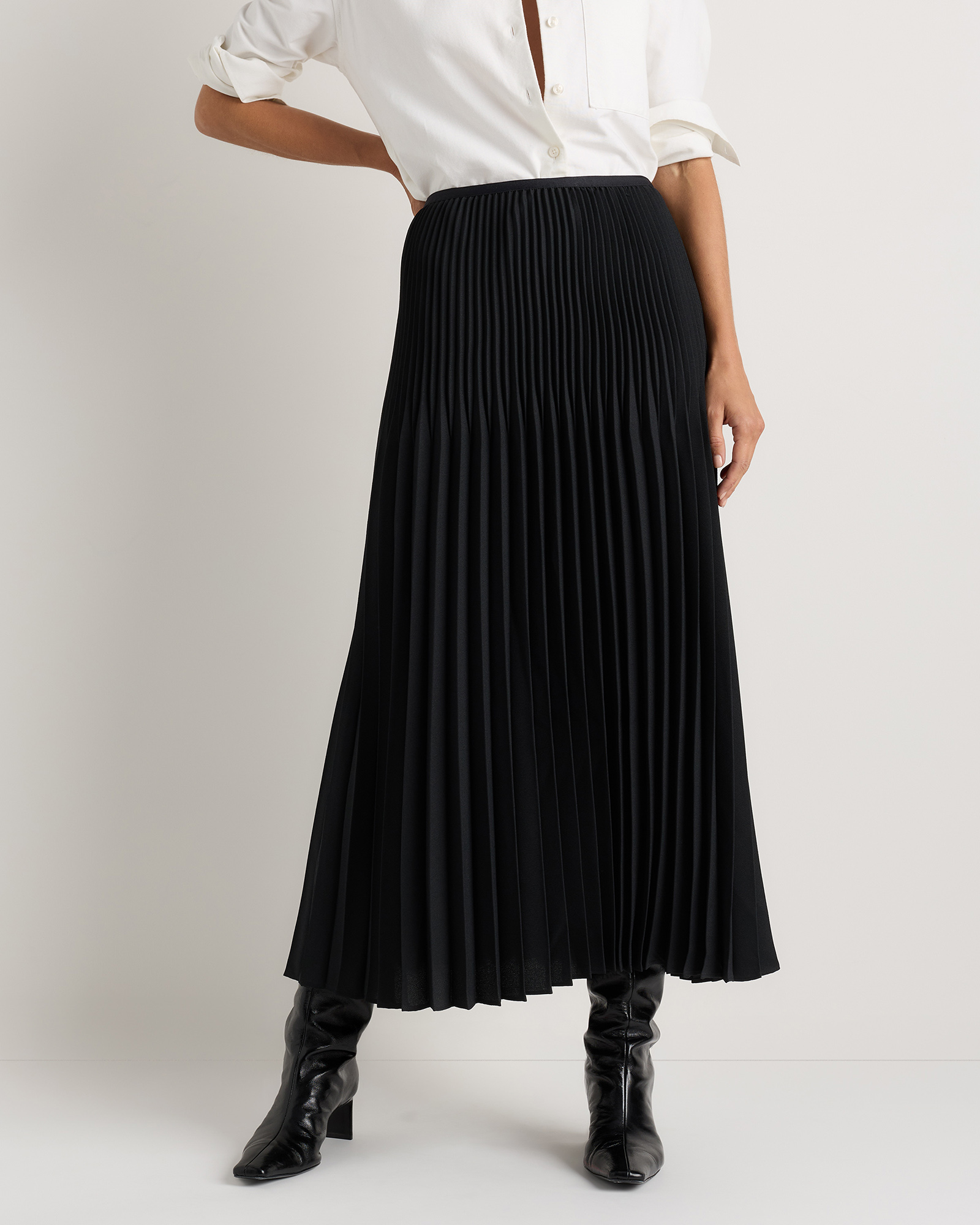 True Black Pleated Matte Midi Skirt