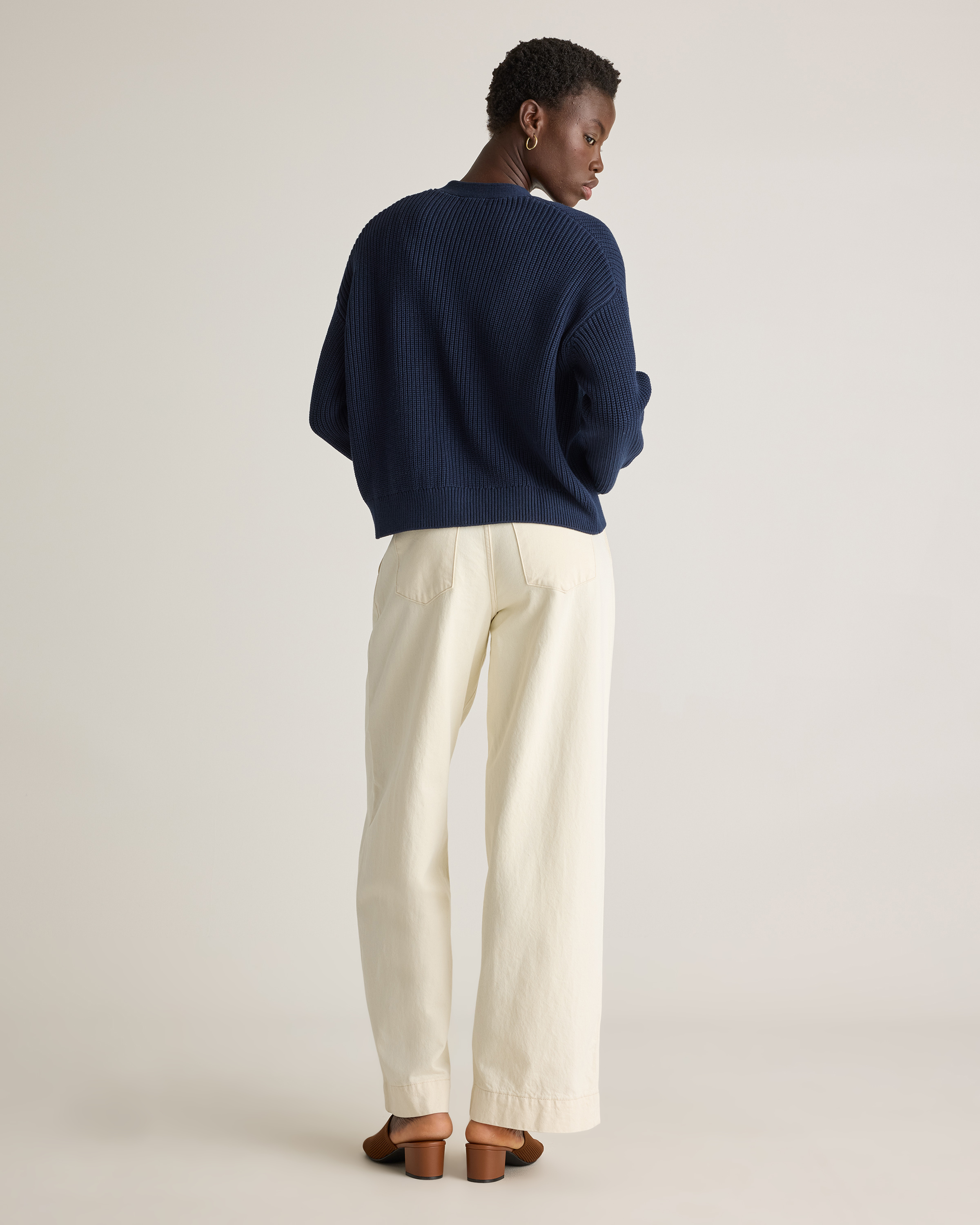 100% Organic Cotton Fisherman Boxy Cropped Cardigan in Navy