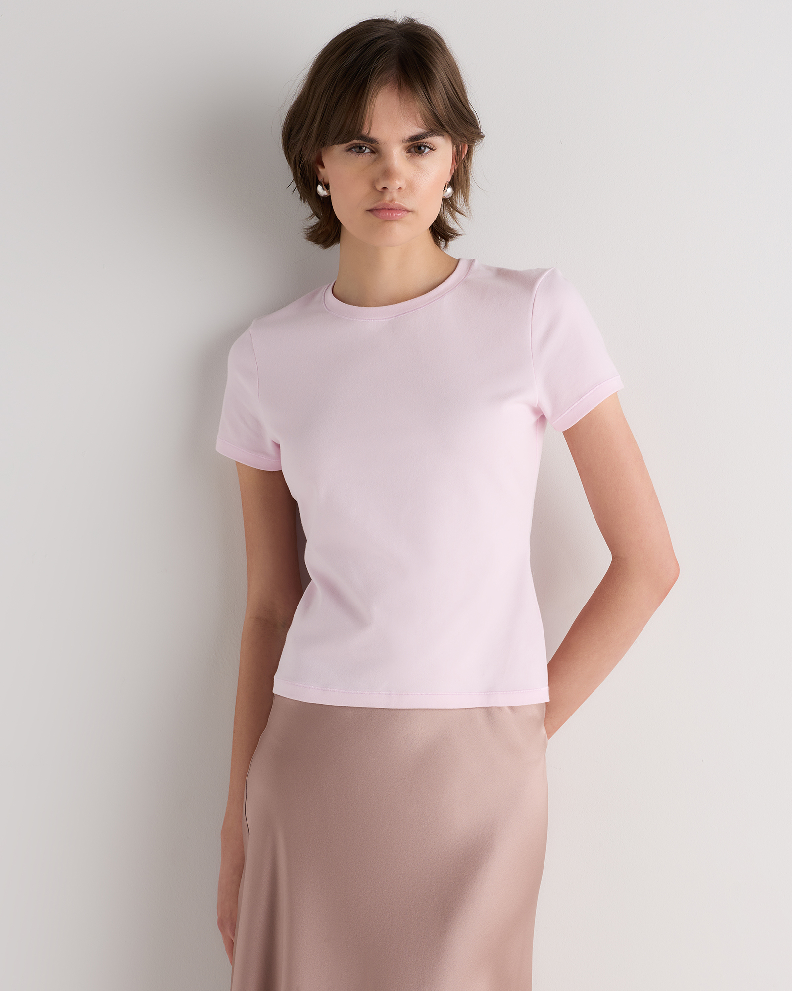 Petal Pink Stretch Cotton Jersey Fitted T-Shirt