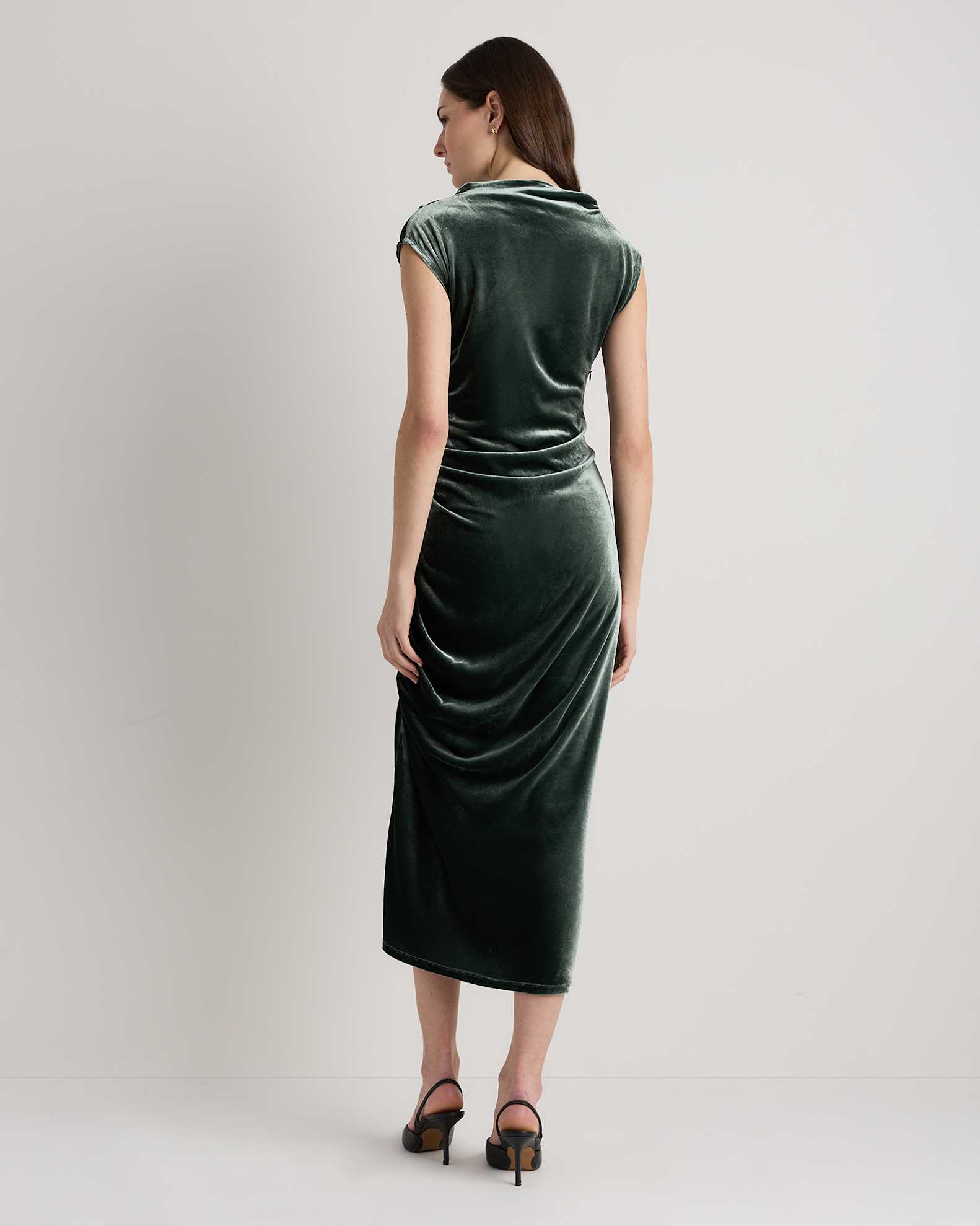 Women's Stretch Silk Velvet Ruched Midi Dress in Forest Green, Size 4 by Quince Women's Stretch Silk Velvet Ruched Midi Dress in Forest Green, Size 4 by Quince