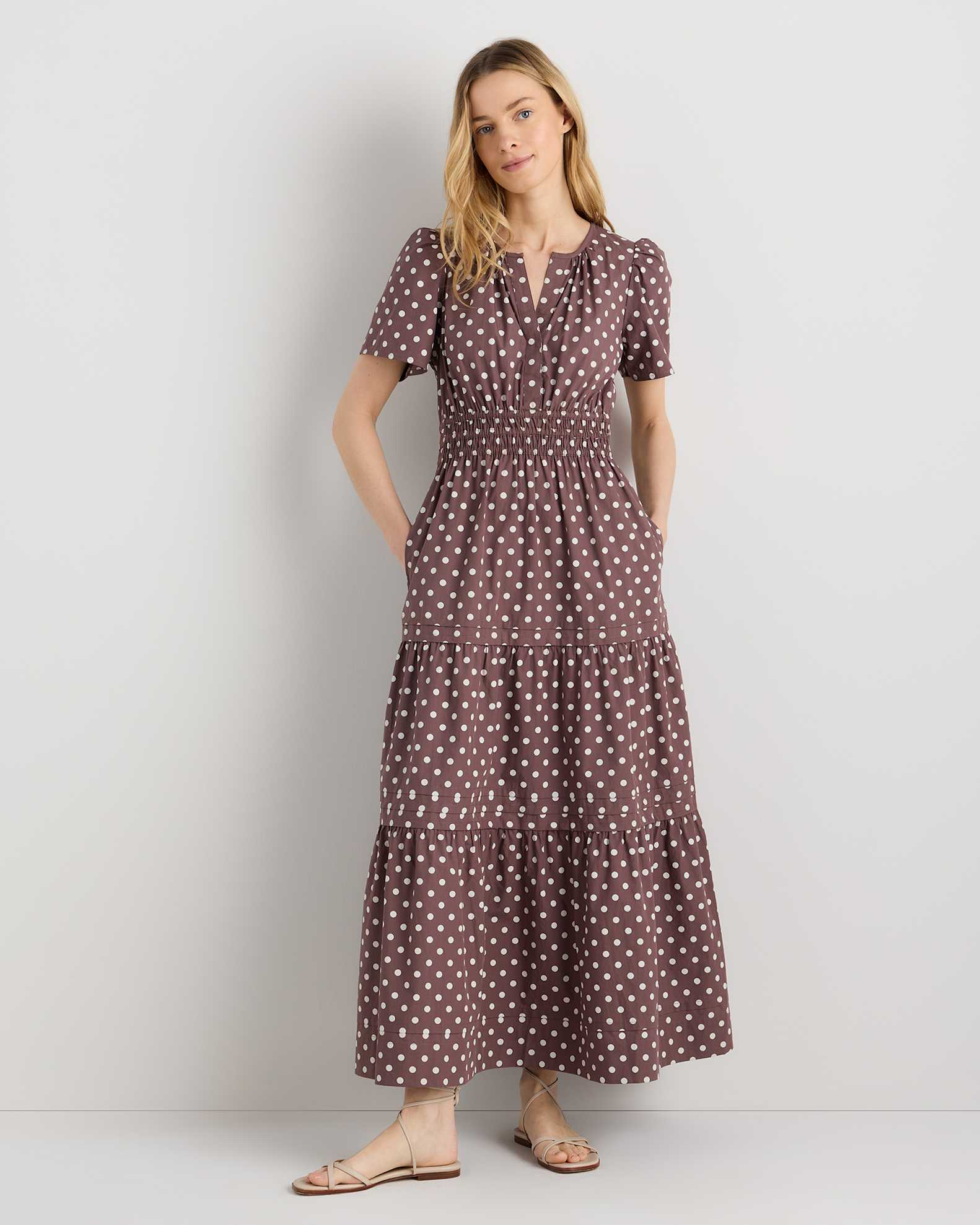 100% Organic Cotton Tiered Maxi Dress in Mocha Midi Dot 100% Organic Cotton Tiered Maxi Dress in Mocha Midi Dot