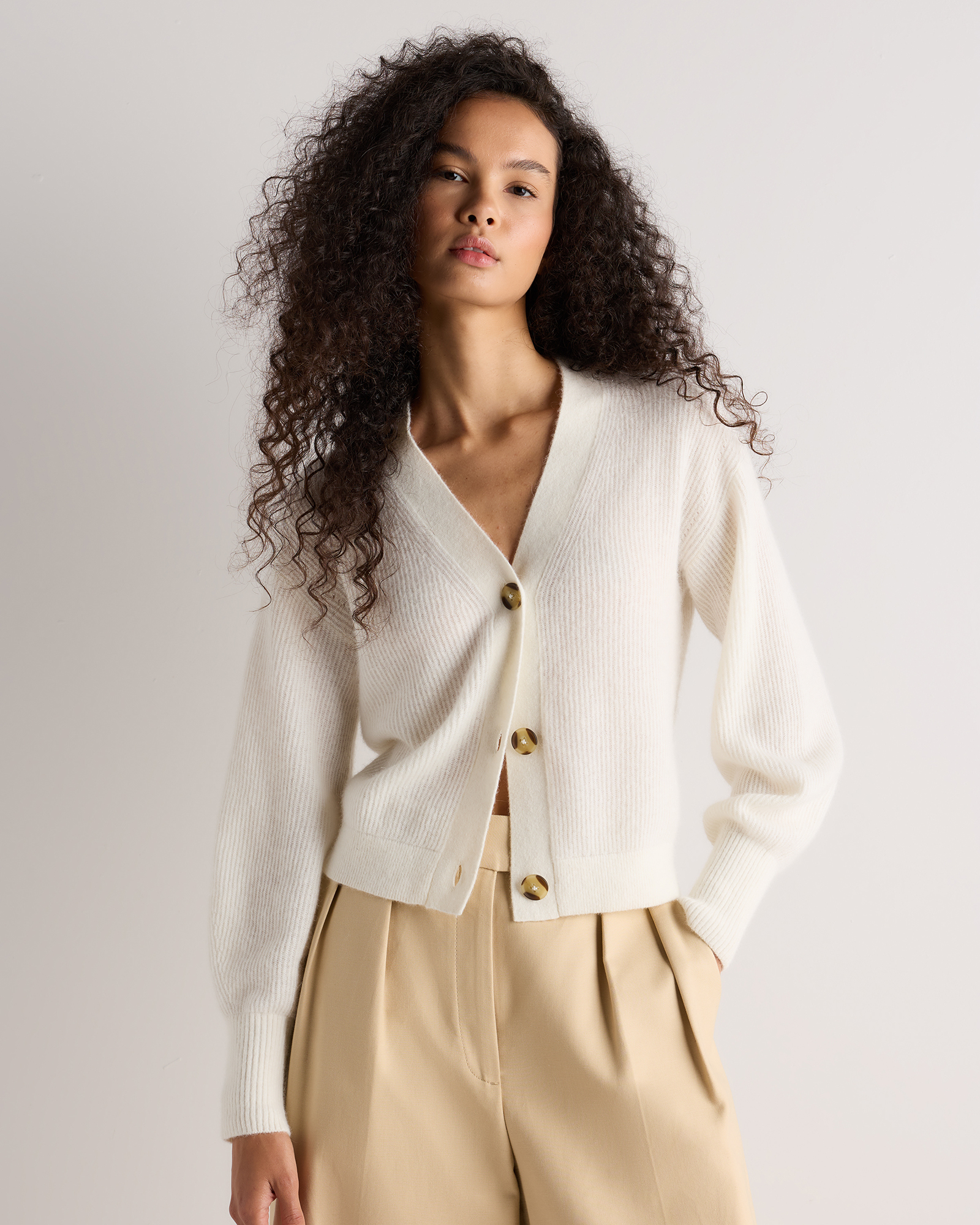 Stone Ivory Lightweight Baby Alpaca Cropped V-Neck Cardigan