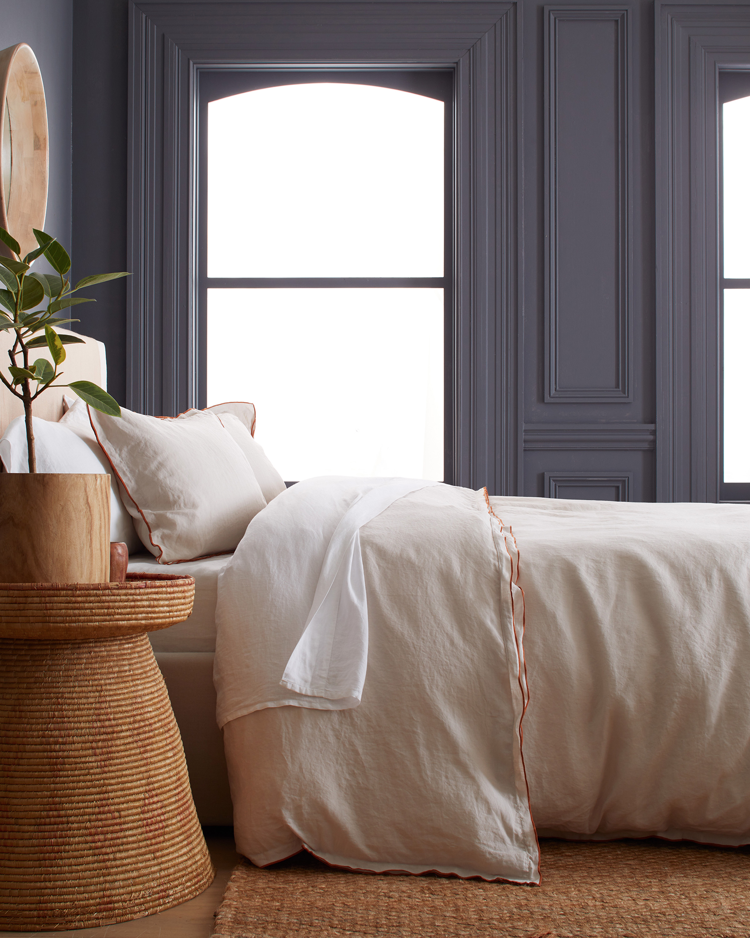 Sand with Terracotta Embroidery European Linen Double Embroidered Edge Duvet Cover