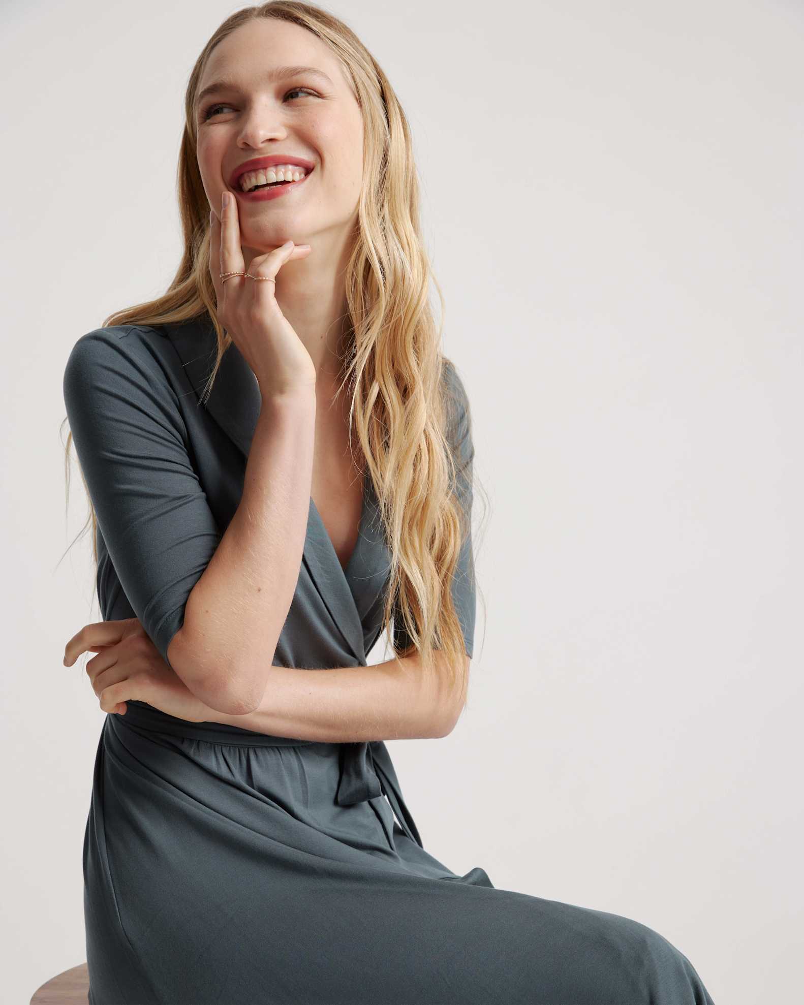 Quince Women's Tencel Jersey Midi Wrap Dress, Dark Olive, Size XS - Eco-Friendly, Comfy, Modern Length, Rounded Collar Quince Women's Tencel Jersey Midi Wrap Dress, Dark Olive, Size XS - Eco-Friendly, Comfy, Modern Length, Rounded Collar