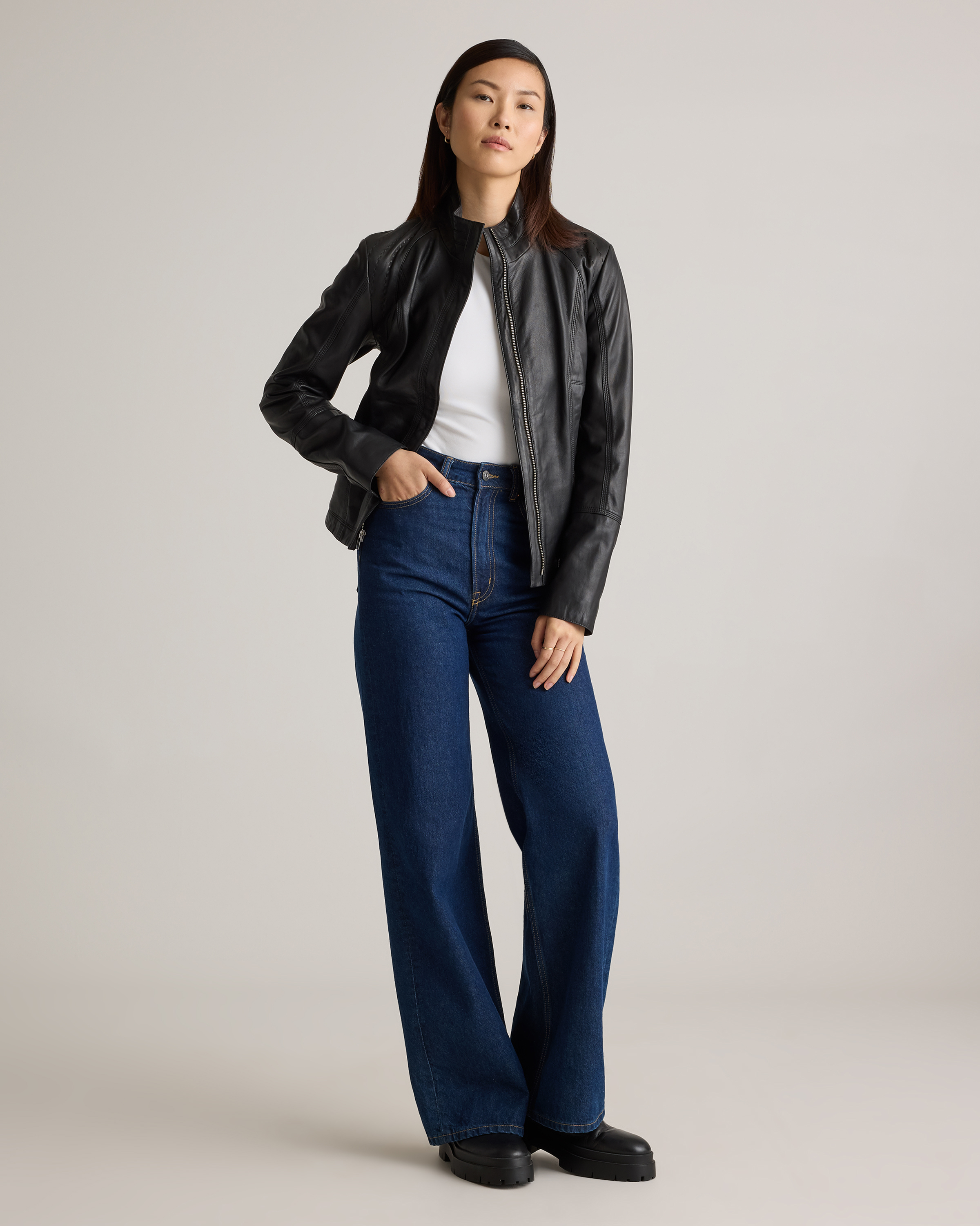 100% Leather Stand-Collar Jacket