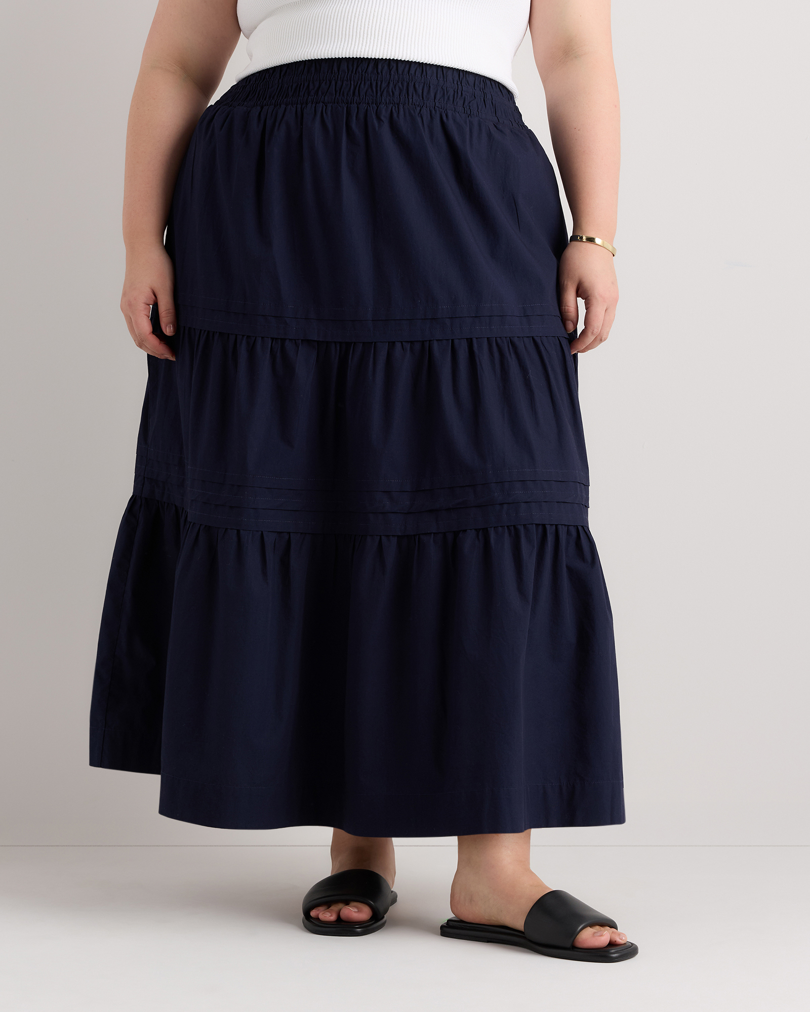 Navy 100% Organic Cotton Poplin Tiered Maxi Skirt