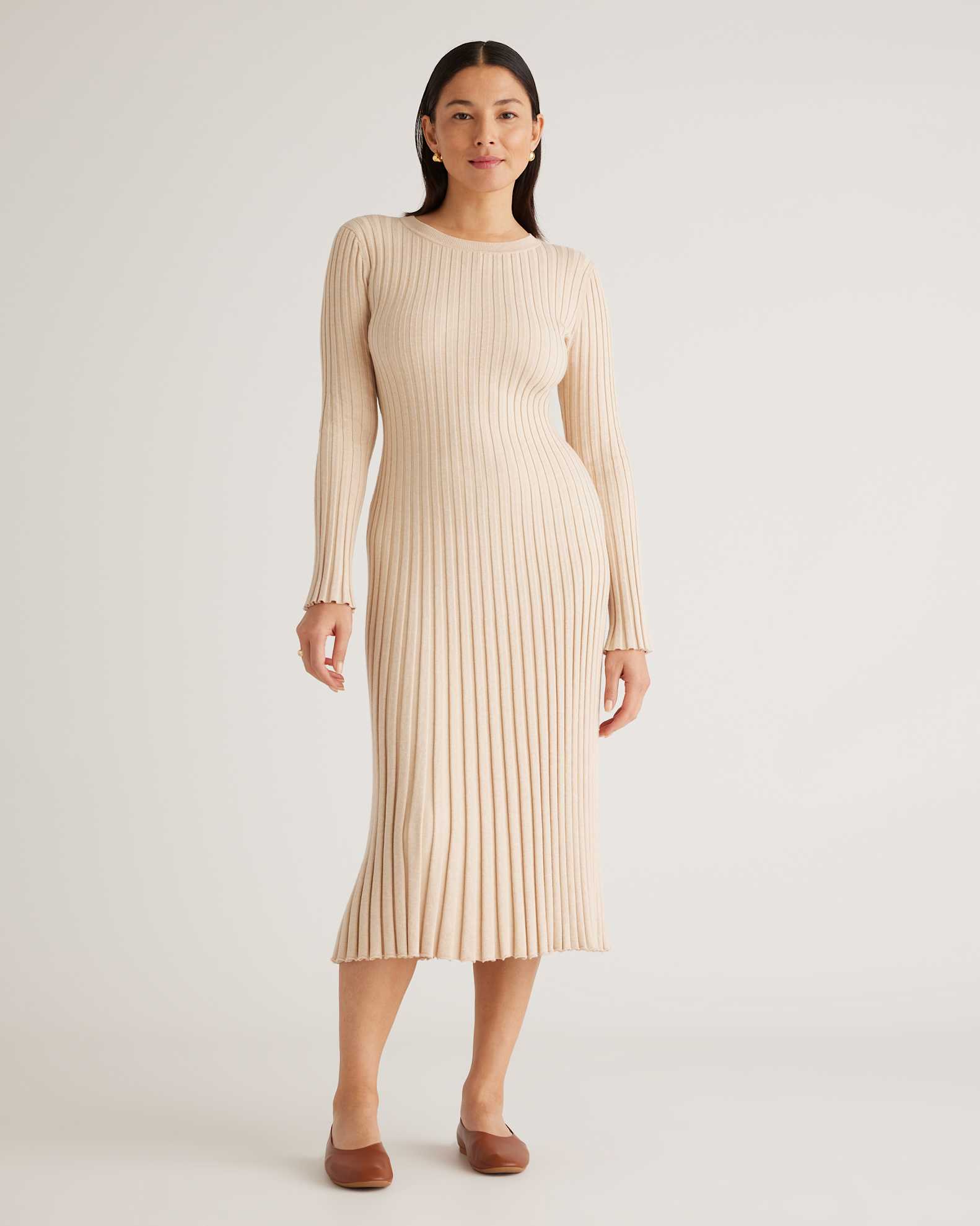 Cotton Cashmere Ribbed Long Sleeve Crew Midi Dress in Heather Oatmeal