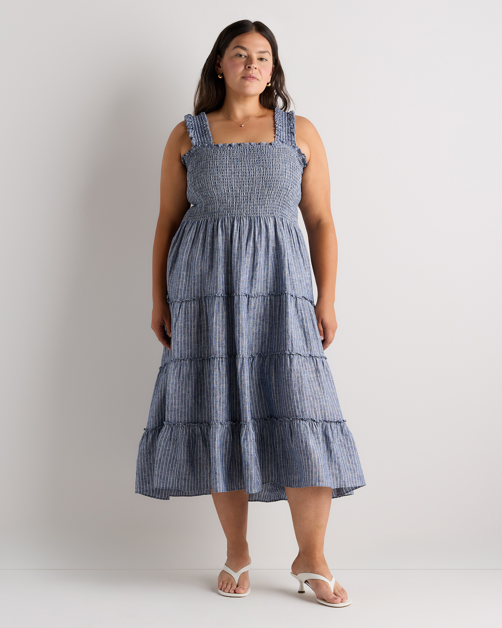 Chambray Stripe Women's Plus Size 100% European Linen Smocked Midi Dress