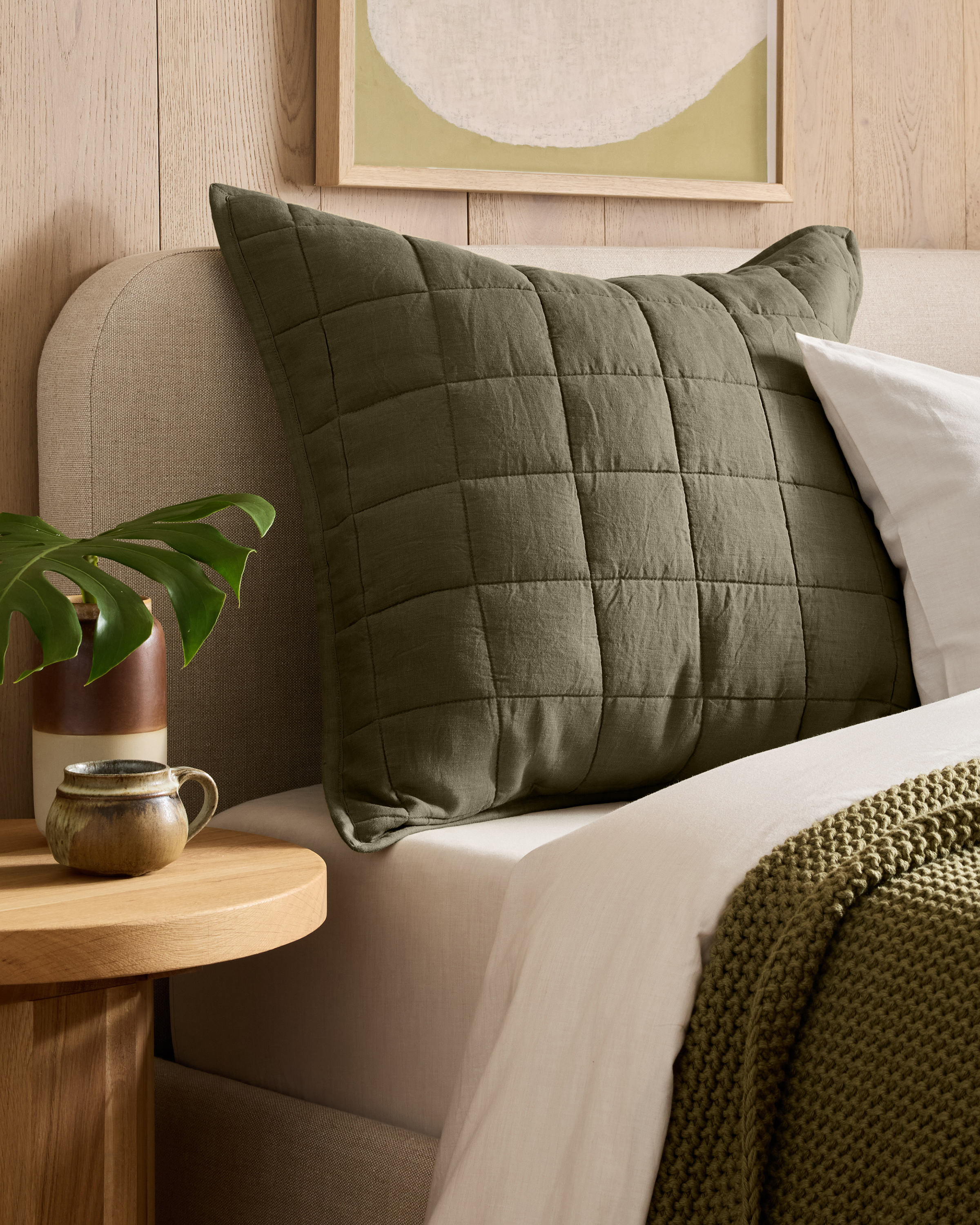 Dusty Olive European Linen Box Quilted Euro Sham