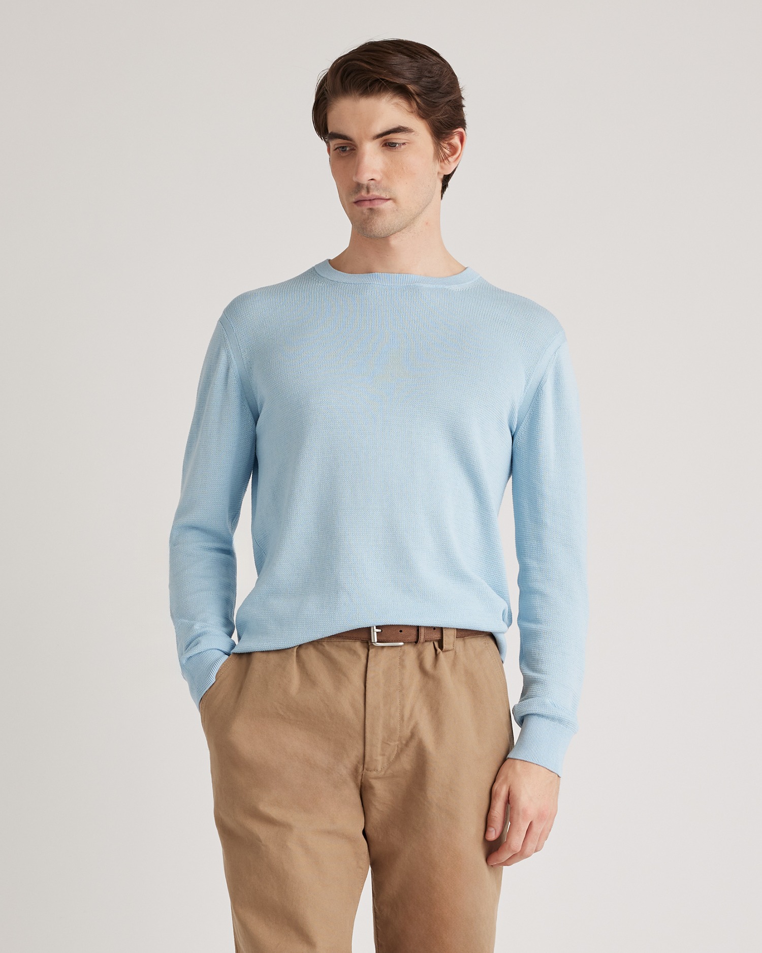 Light Blue Organic Cotton-Silk Pique Crewneck Sweater