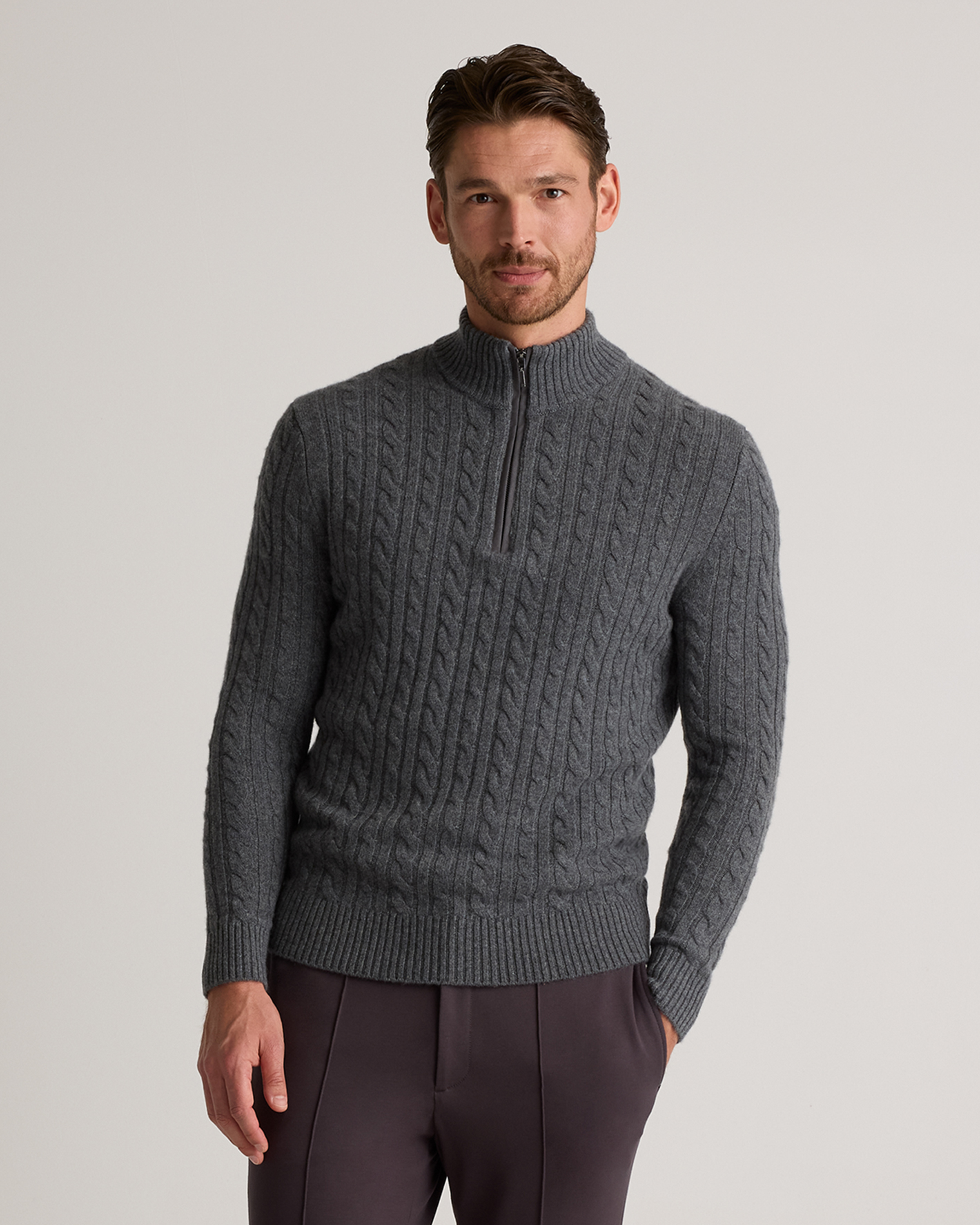 Quince Men's Luxe Baby Cashmere Cable Quarter Zip Sweater In Heather Pewter