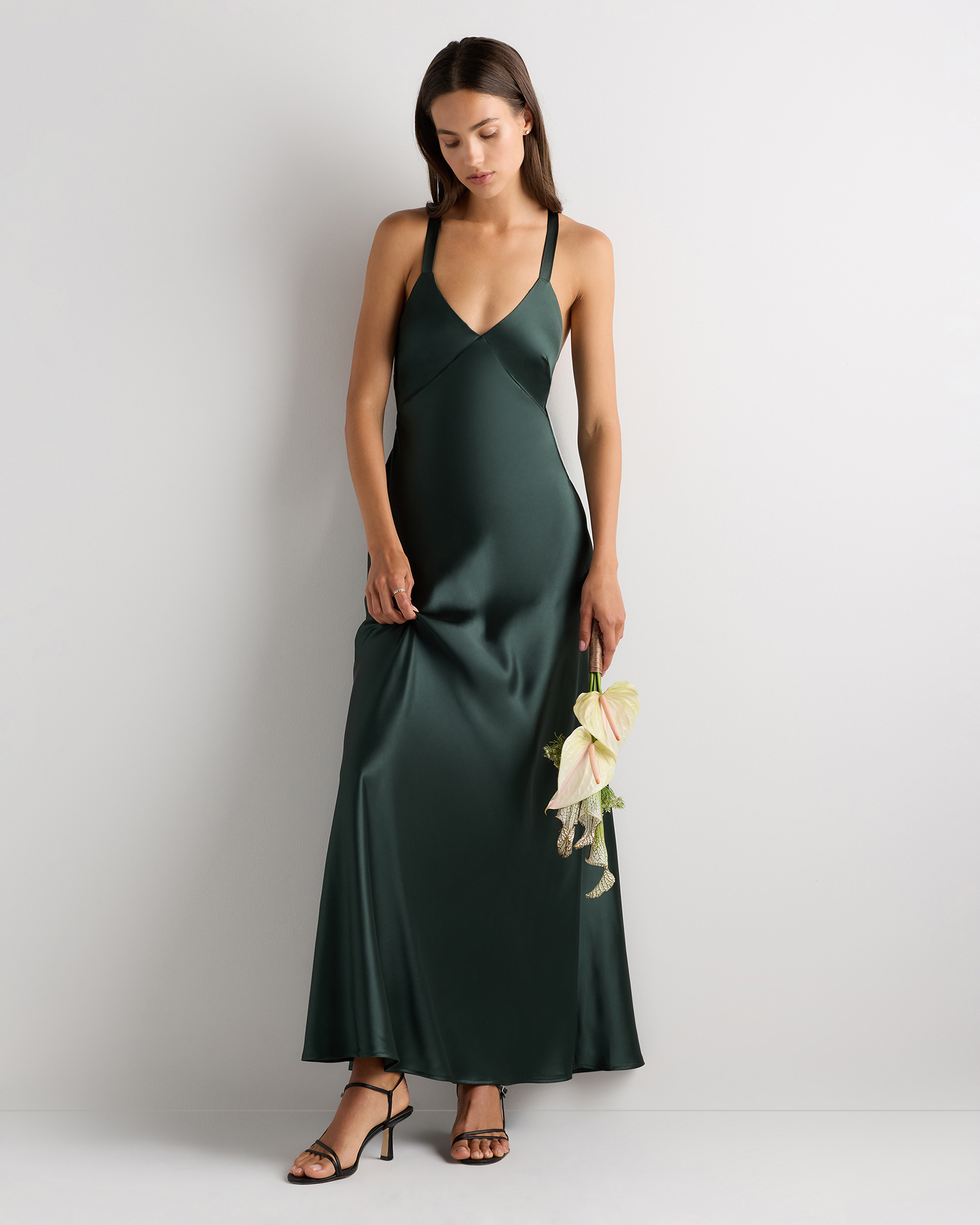Bianca Stretch Satin Dress in Dusty Steel Blue