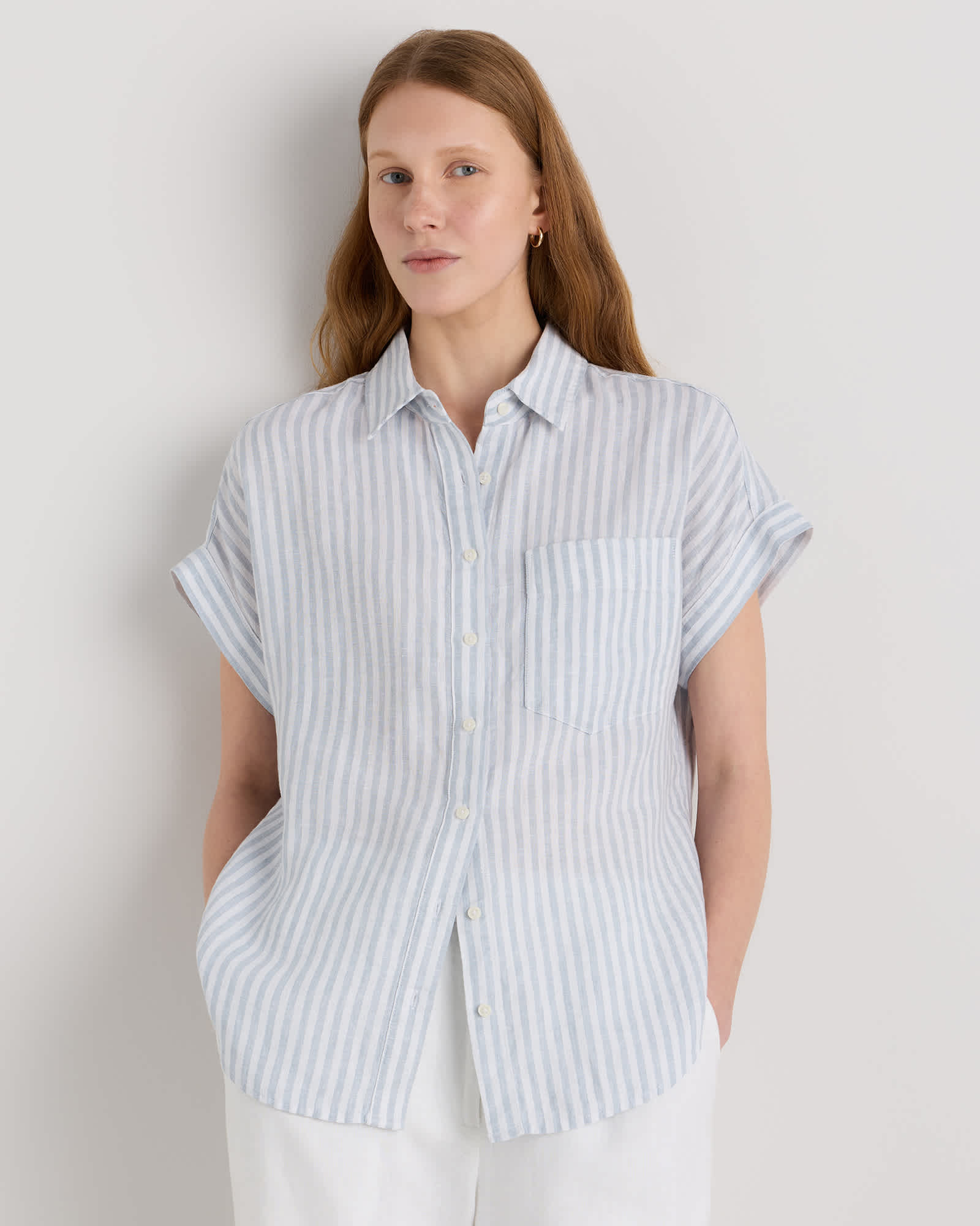 Quince European linen camp shirt sky blue mariner stripe