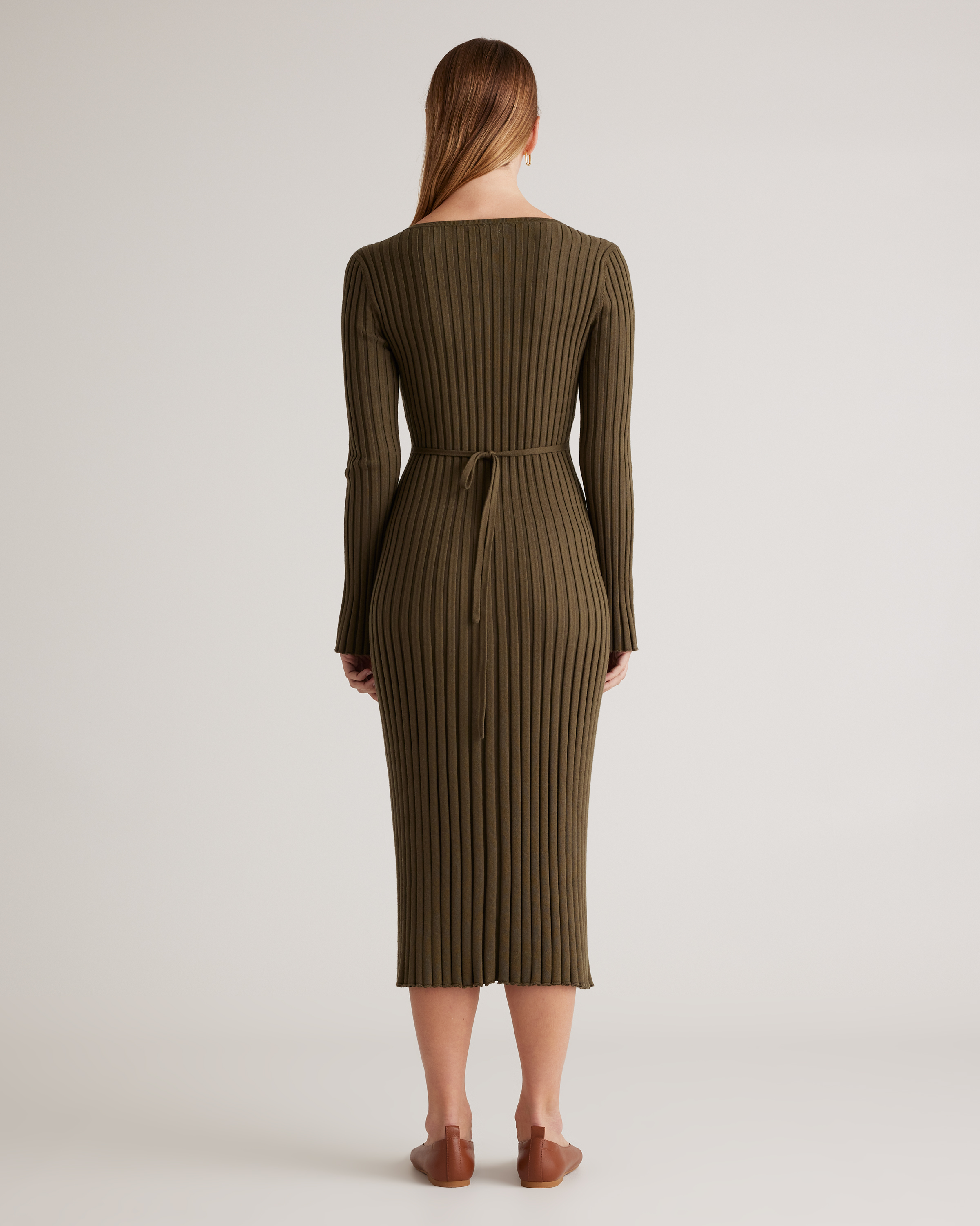 olive midi dress with sleeves Zeda V Neck Midi Dress - Olive Long Sleeve Fit & Flare Knit Dress