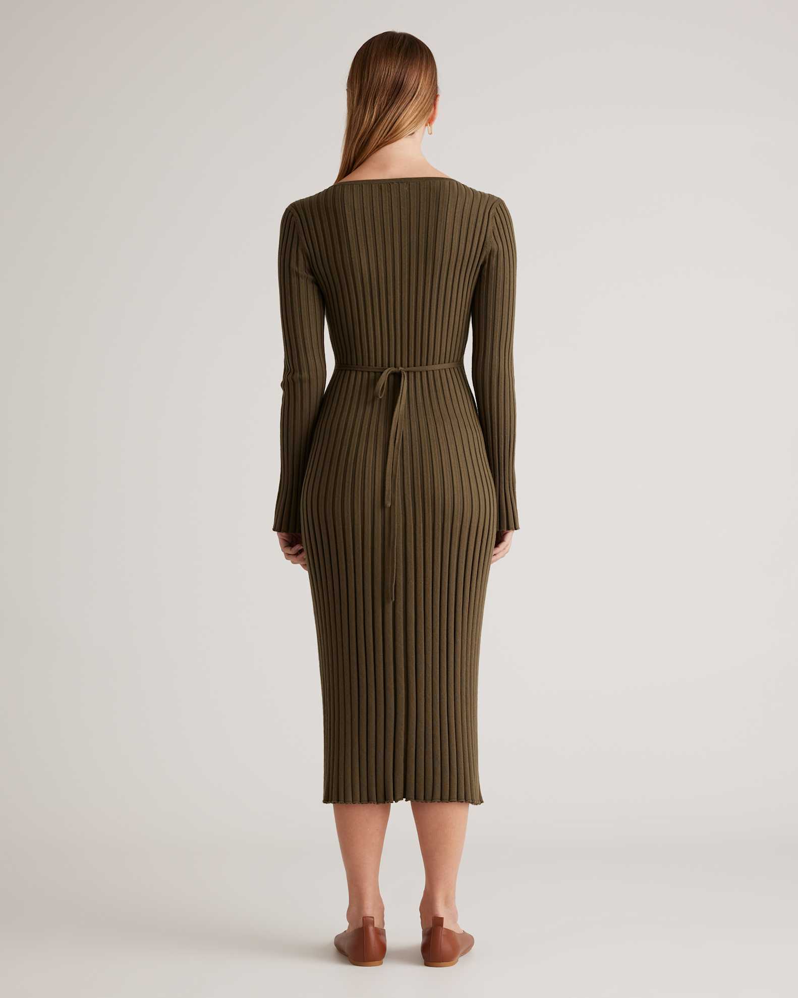 olive midi dress with sleeves Zeda V Neck Midi Dress - Olive Long Sleeve Fit & Flare Knit Dress