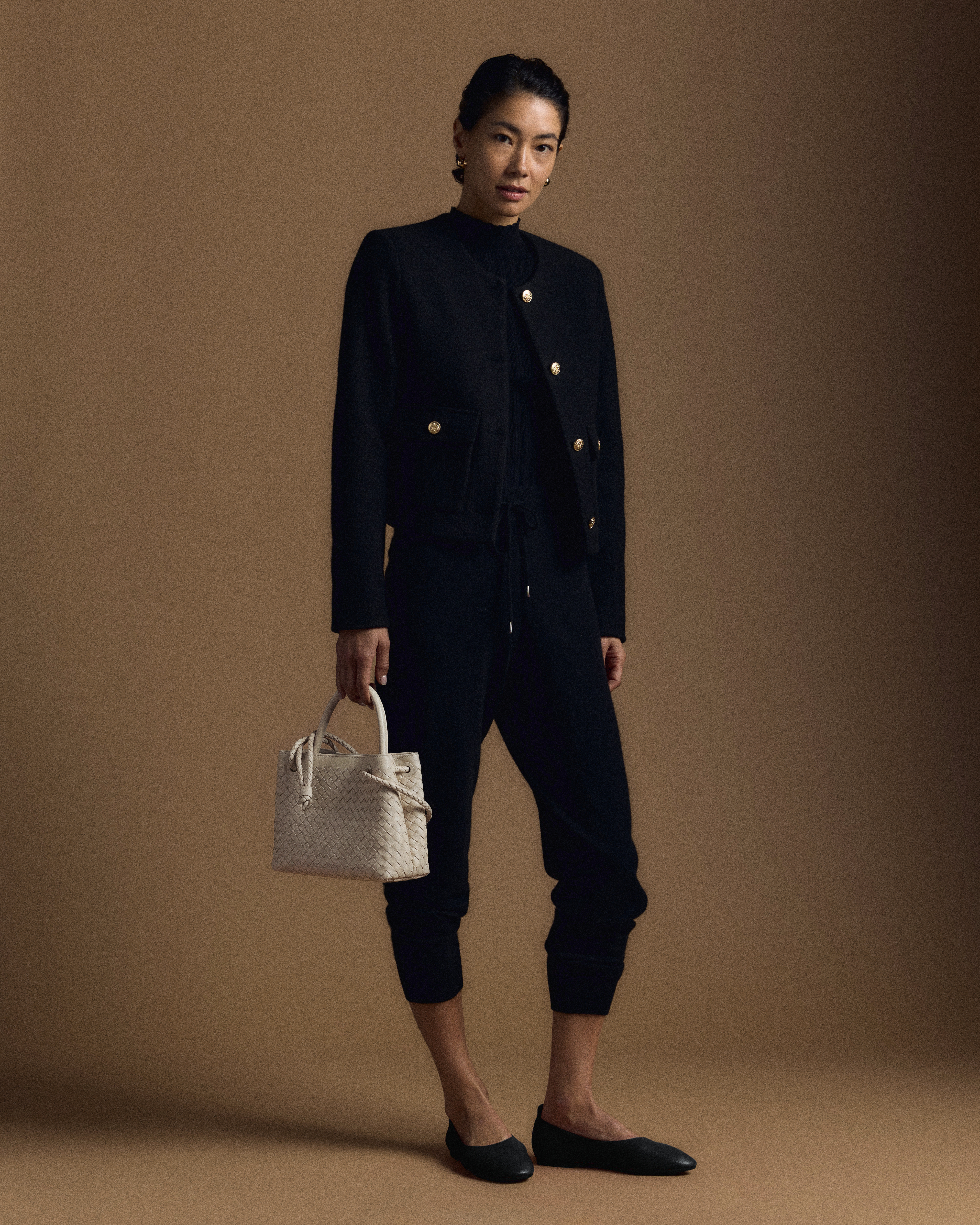 100% Merino Wool Collarless Cropped Jacket in Black