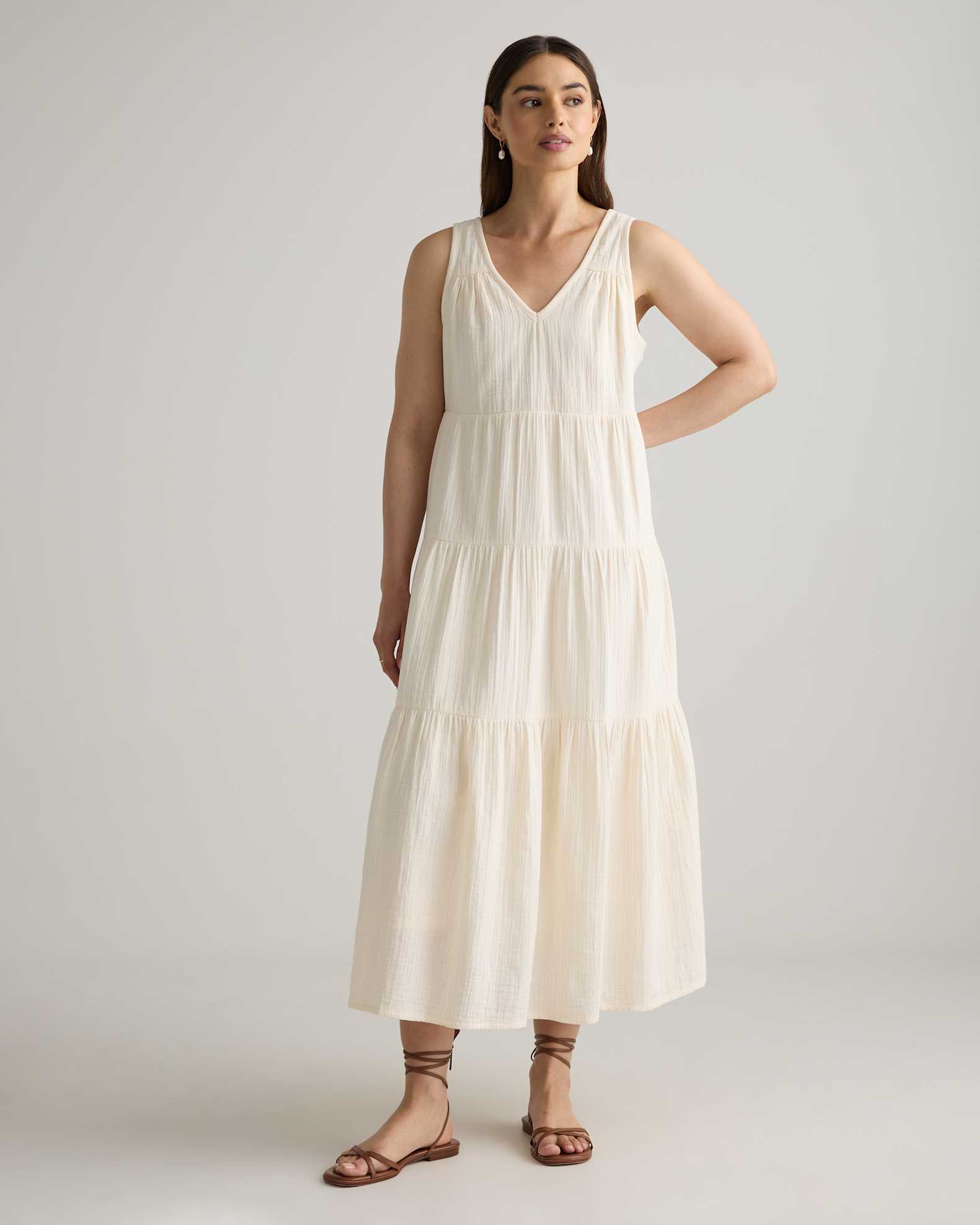 100% Organic Cotton Gauze Tiered Maxi Dress in Vintage Cream 100% Organic Cotton Gauze Tiered Maxi Dress in Vintage Cream