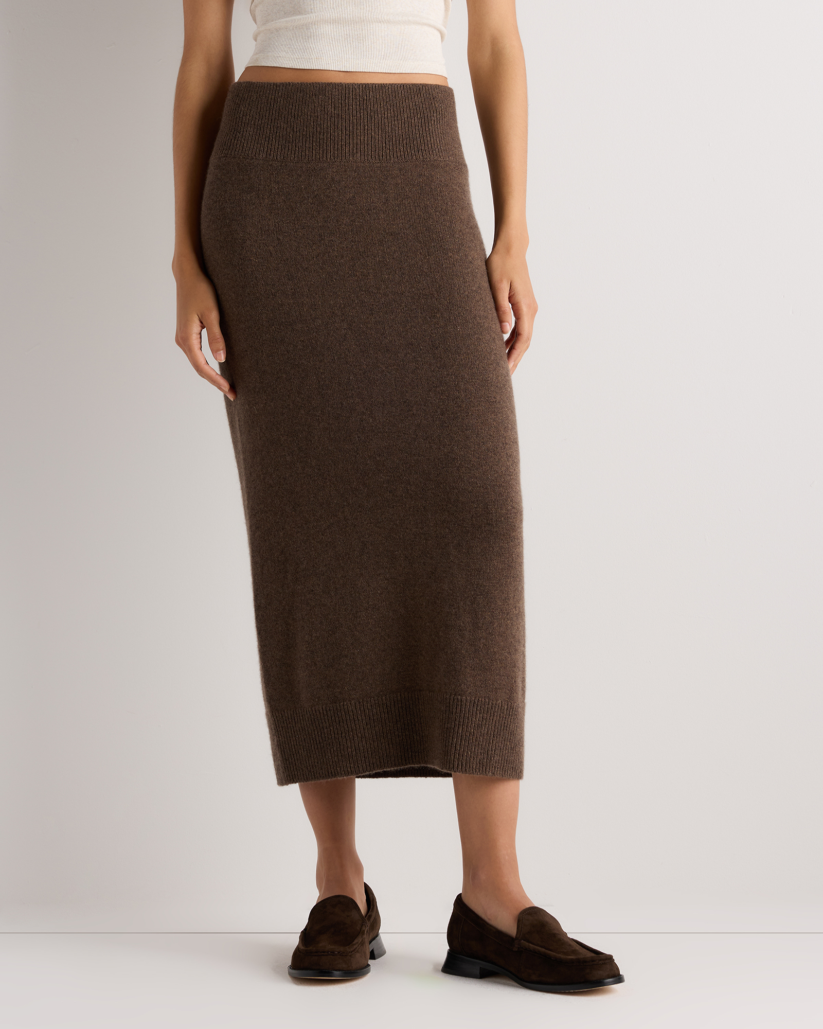 Brown Mongolian Cashmere Fitted Midi Skirt