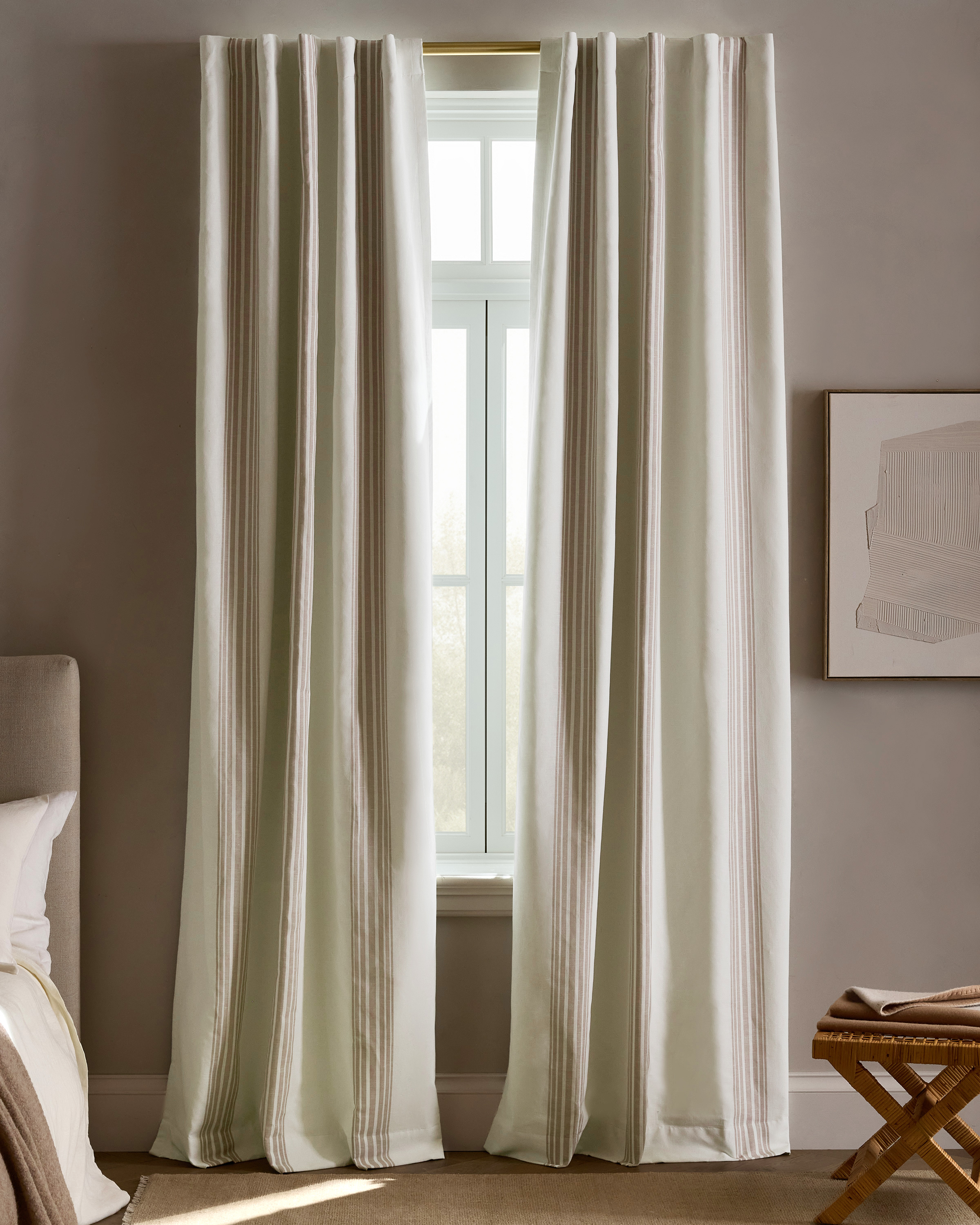 Ivory/Natural Coastal Stripe Linen Cotton True Blackout Curtain - Single Panel