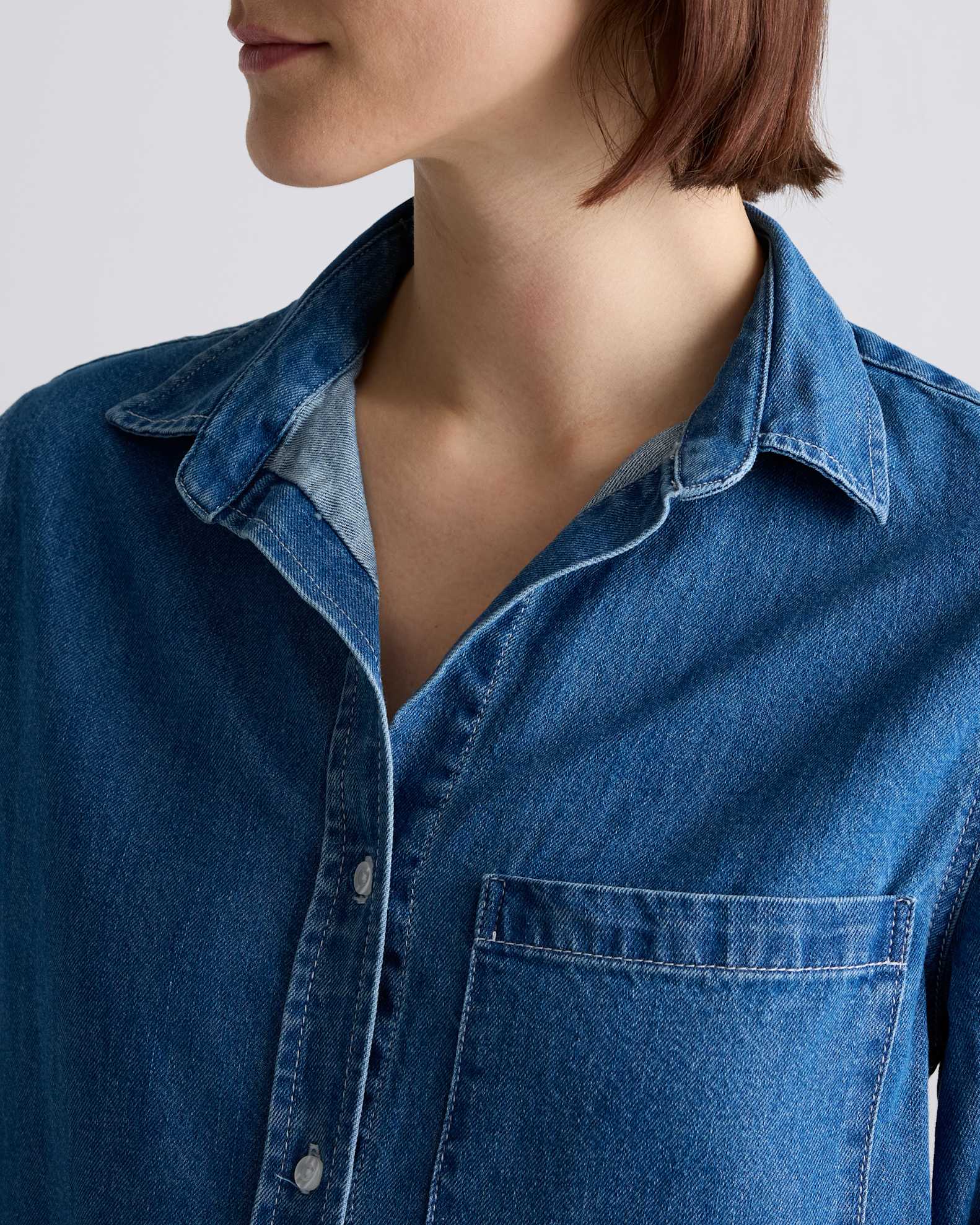 Distressed Denim Maxi Shirt Dress in Medium Indigo Distressed Denim Maxi Shirt Dress in Medium Indigo