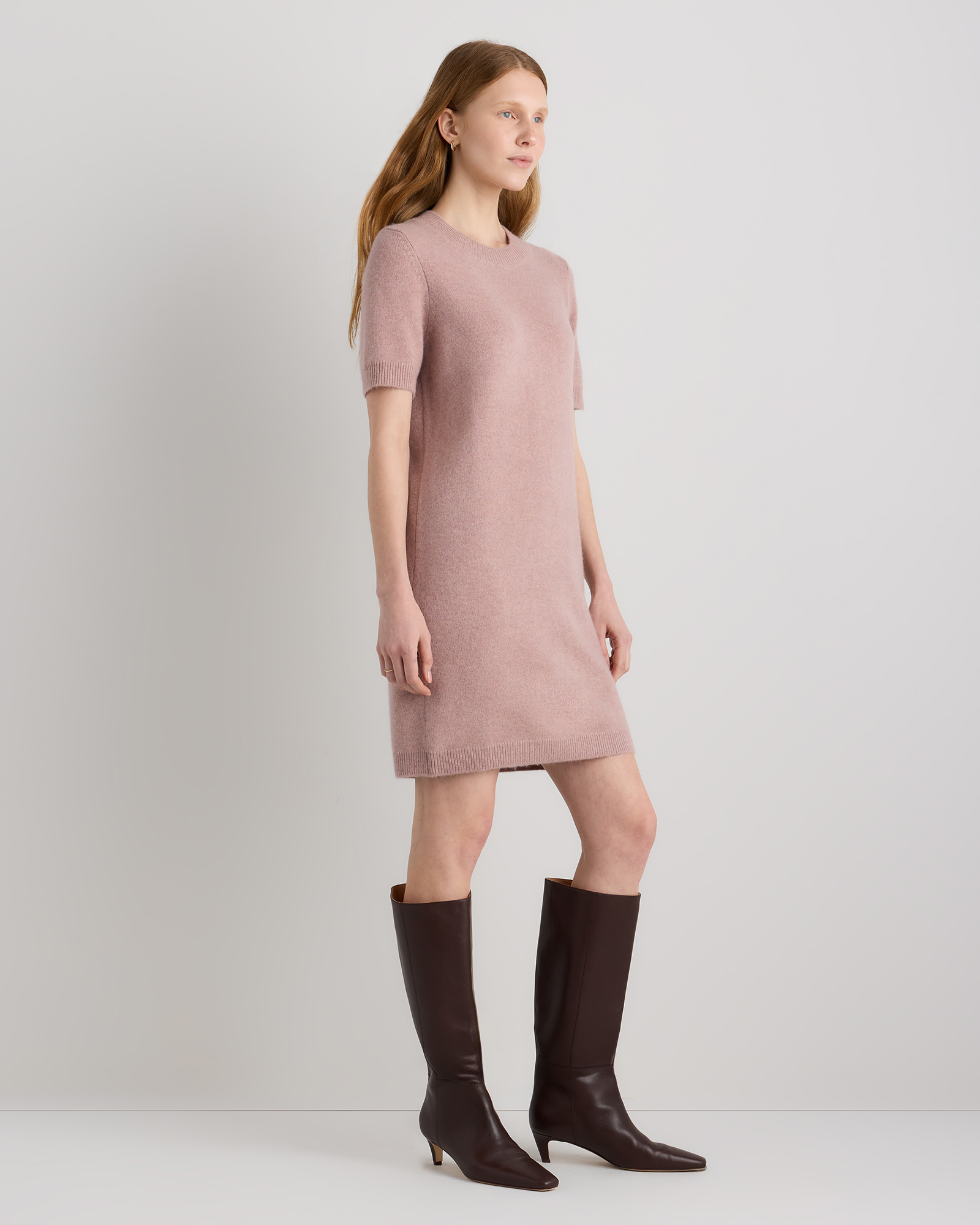 pink dress grey boots Women's Mongolian Cashmere Short Sleeve Mini in Heather Vintage Pink, Size Medium by Quince gold wedding dresses