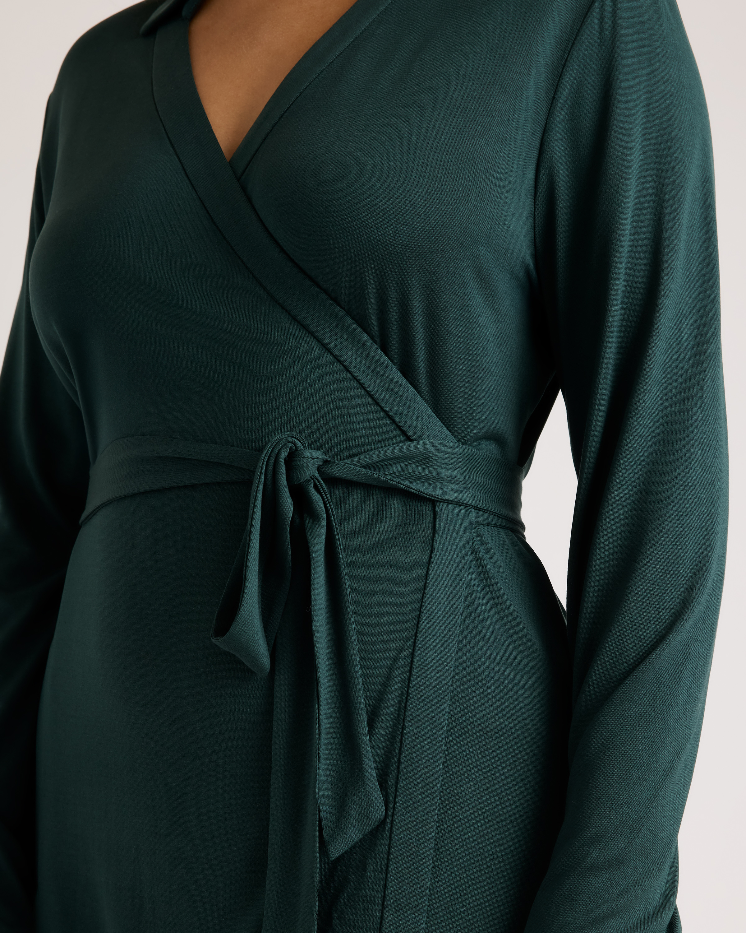 100% Silk Jersey Midi Wrap Dress in Evergreen