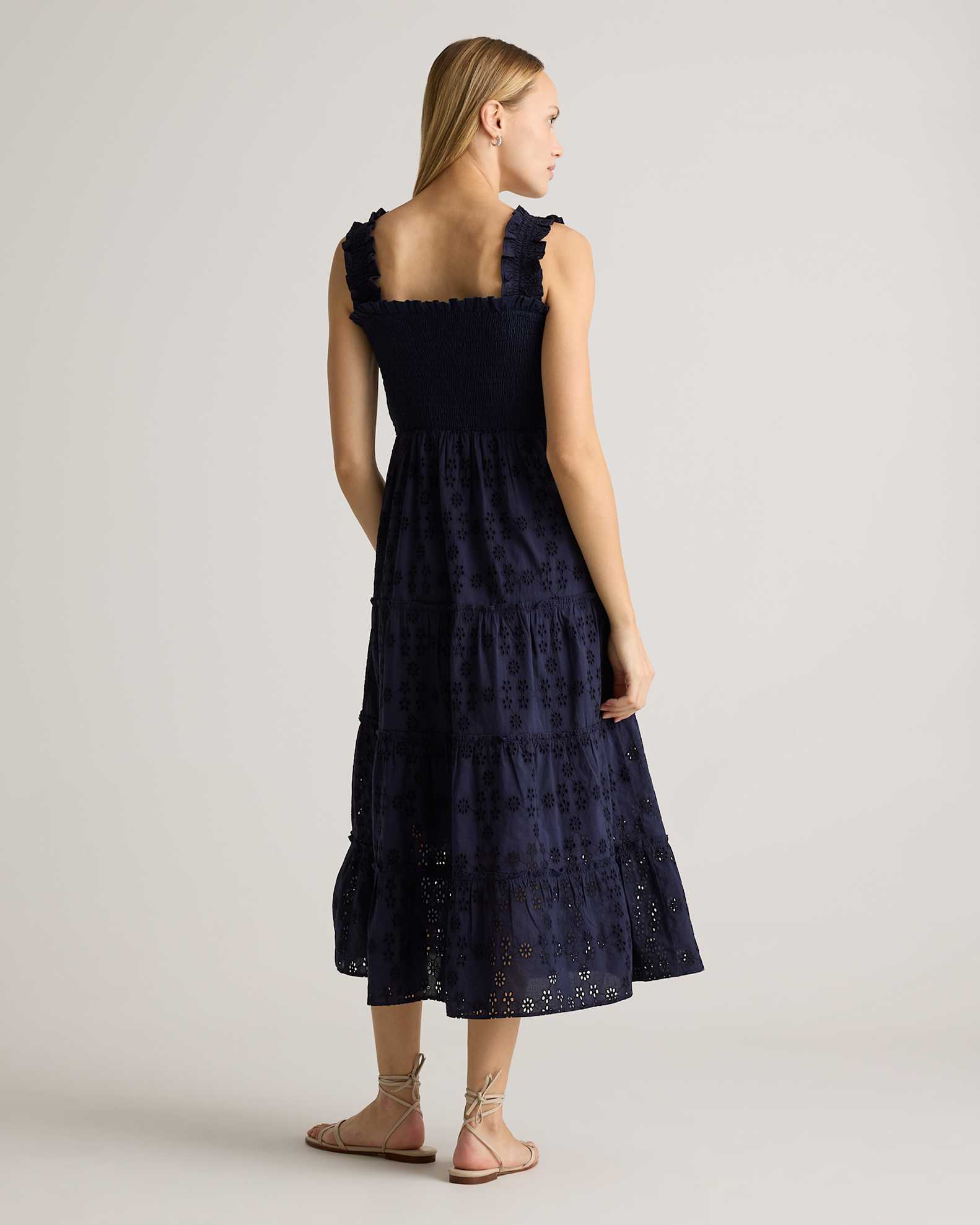 Quince Women's Organic Cotton Eyelet Smocked Midi Dress, Black, Size Large - Embroidered Detail, Relaxed Fit Quince Women's Organic Cotton Eyelet Smocked Midi Dress, Black, Size Large - Embroidered Detail, Relaxed Fit