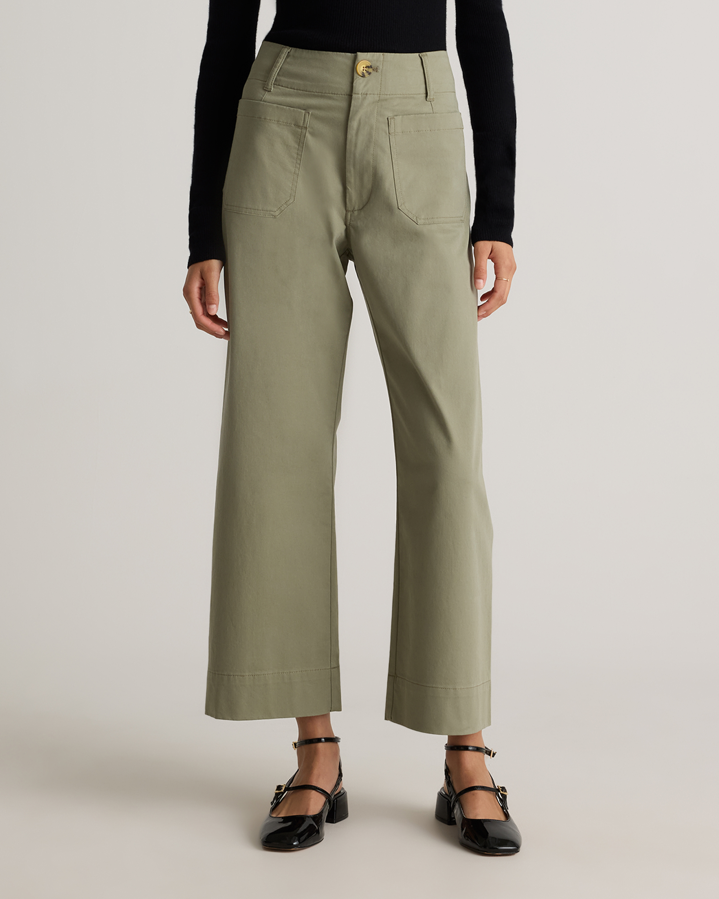 Organic Stretch Cotton Chino Cropped Wide Leg Pants in Olive