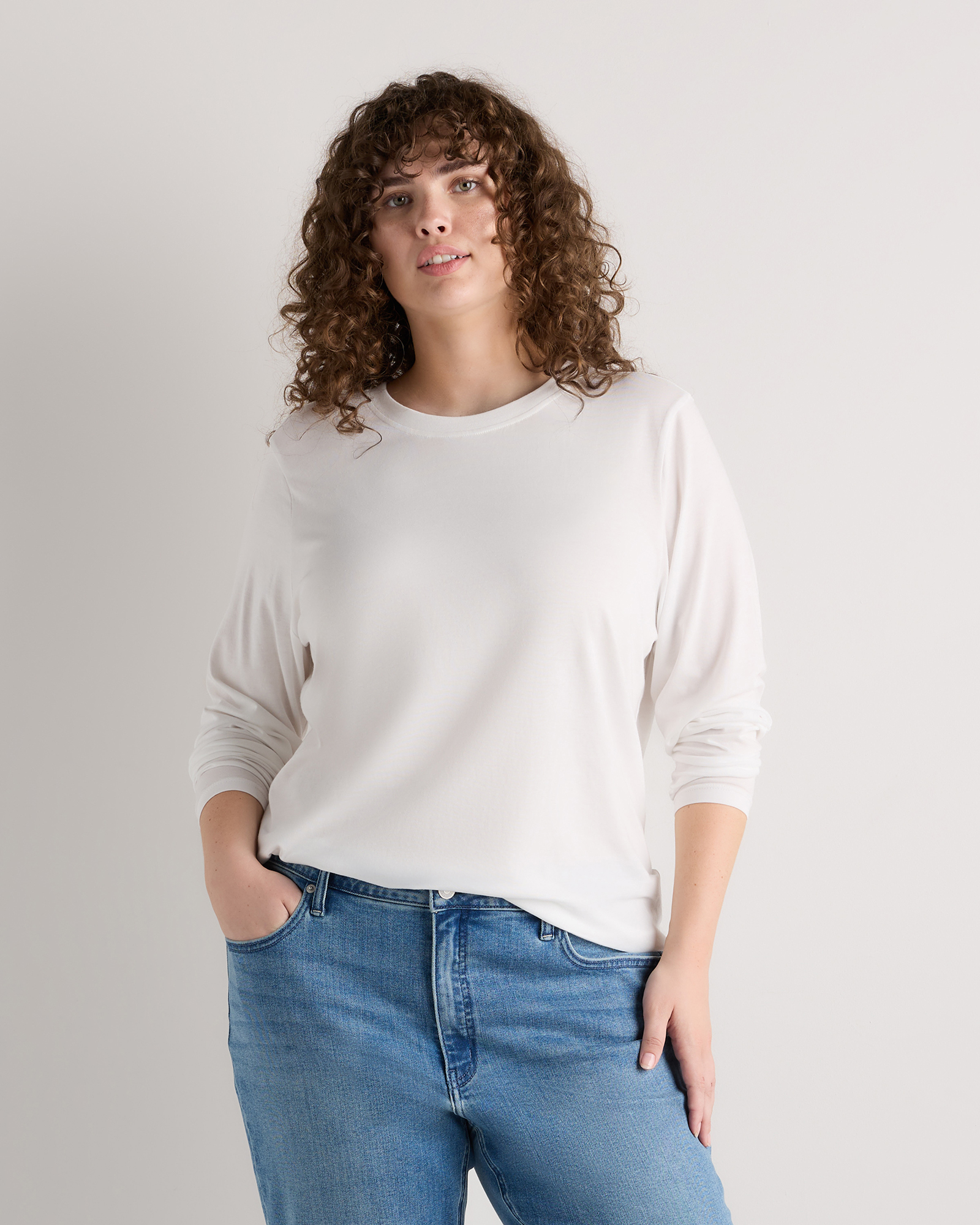 White Cotton Modal Long Sleeve Tee