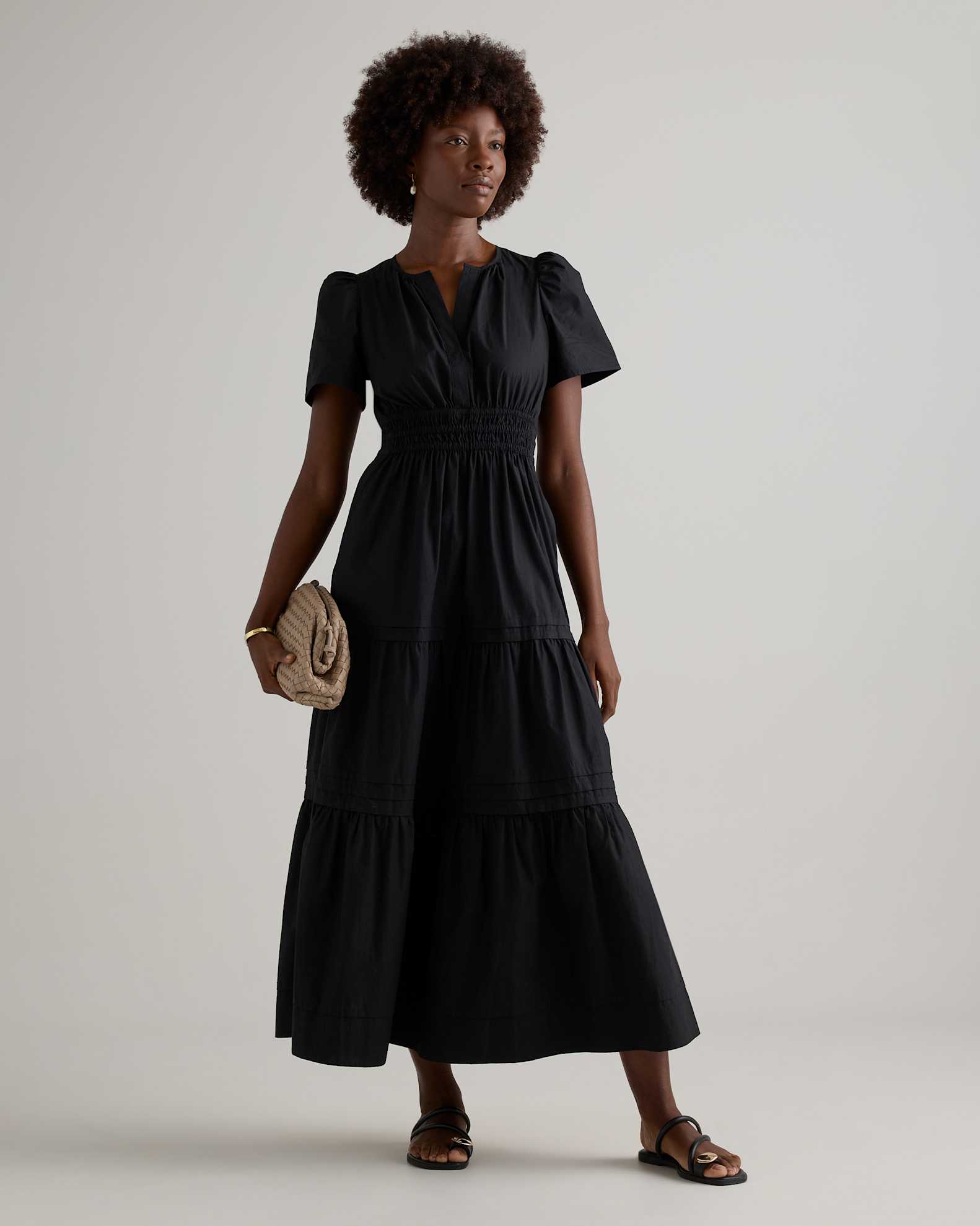 Quince Women's Poplin Tiered Maxi Dress, Black, Size XL - 100% Organic Cotton, V-Neck, Short Sleeves, Pocketed, Perfect for Summer Quince Women's Poplin Tiered Maxi Dress, Black, Size XL - 100% Organic Cotton, V-Neck, Short Sleeves, Pocketed, Perfect for Summer