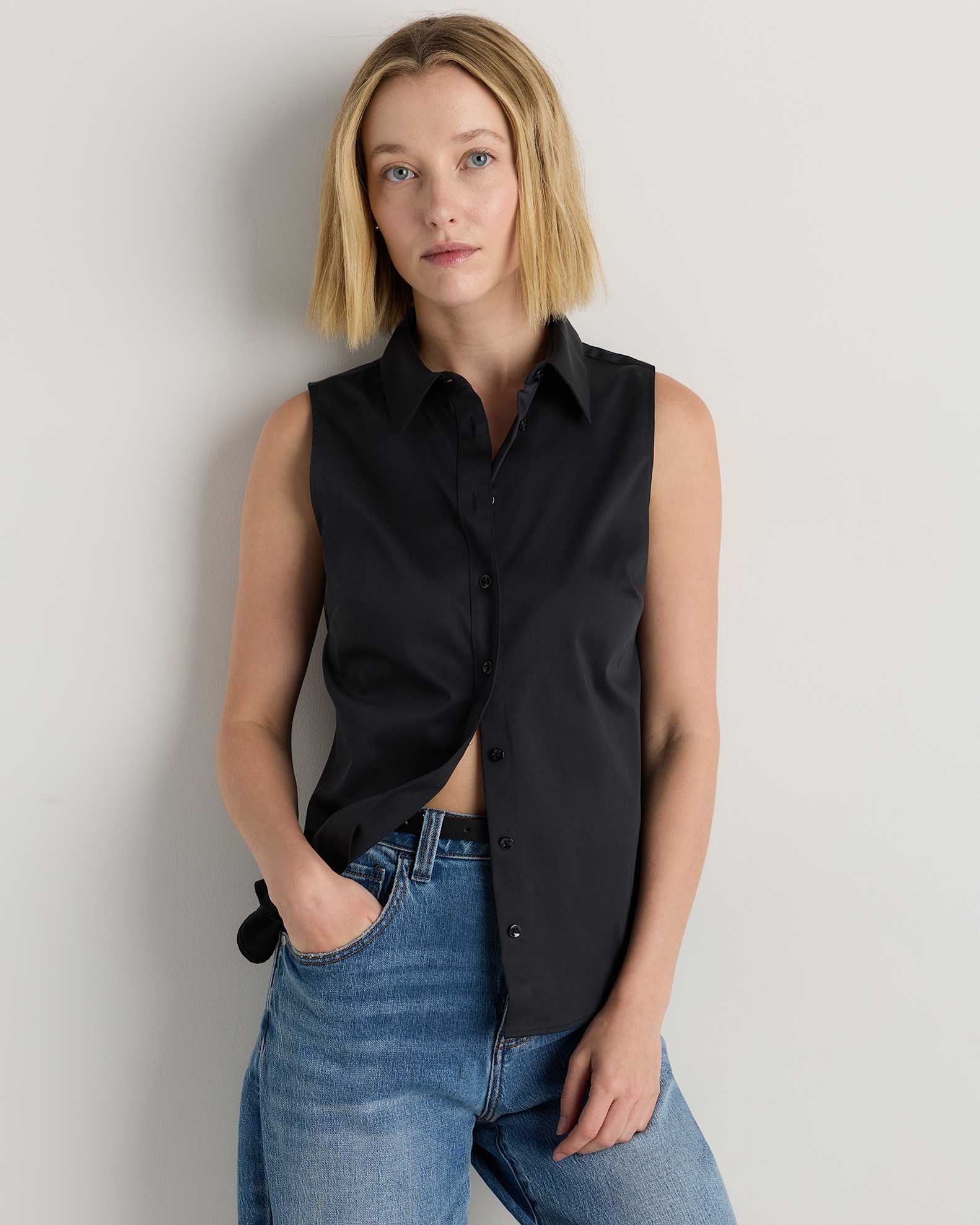 Organic Stretch Cotton Tailored Sleeveless Shirt in True Black Organic Stretch Cotton Tailored Sleeveless Shirt in True Black