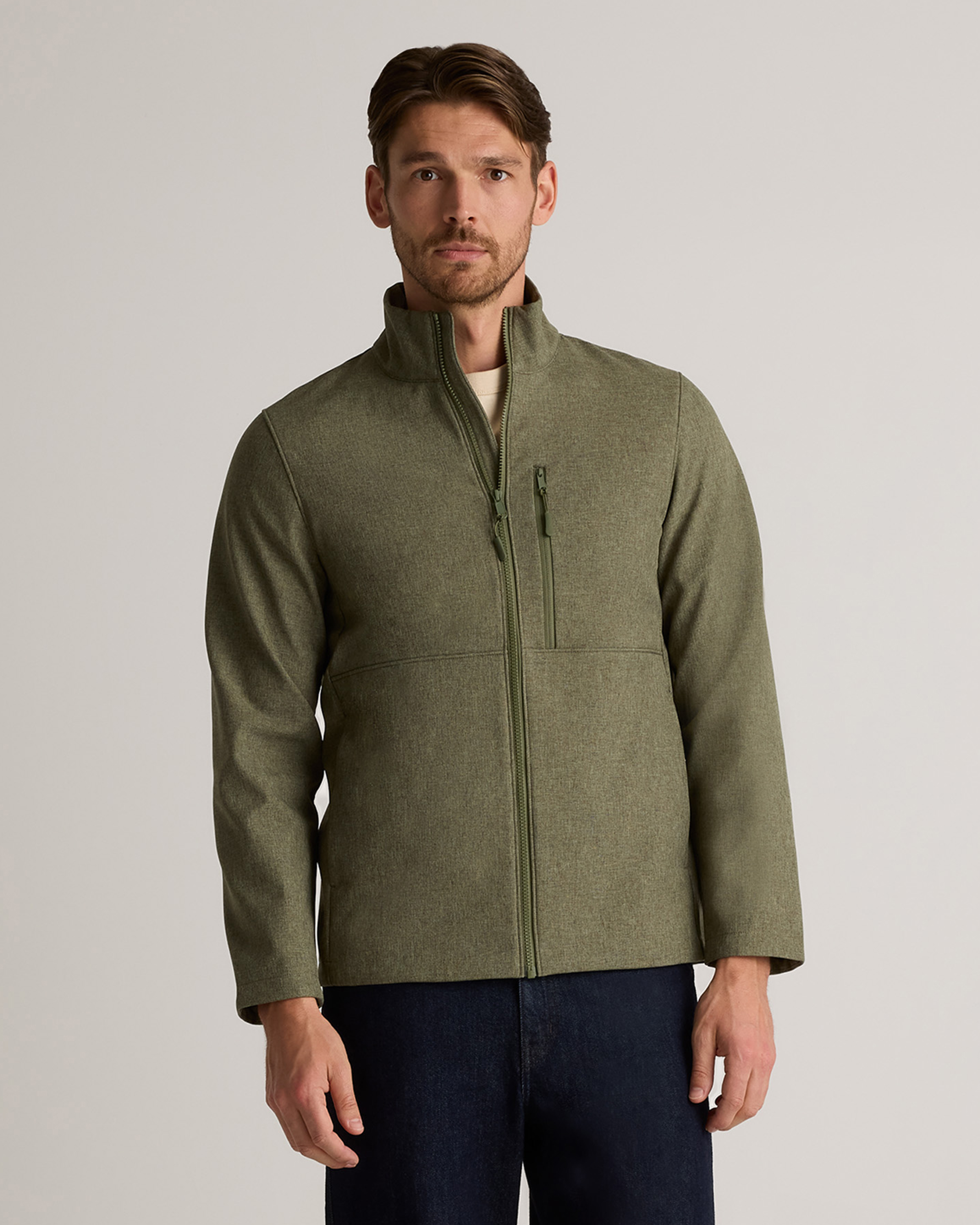Quince Men's Softshell Fleece-lined Full-zip Jacket In Heather Olive Oil