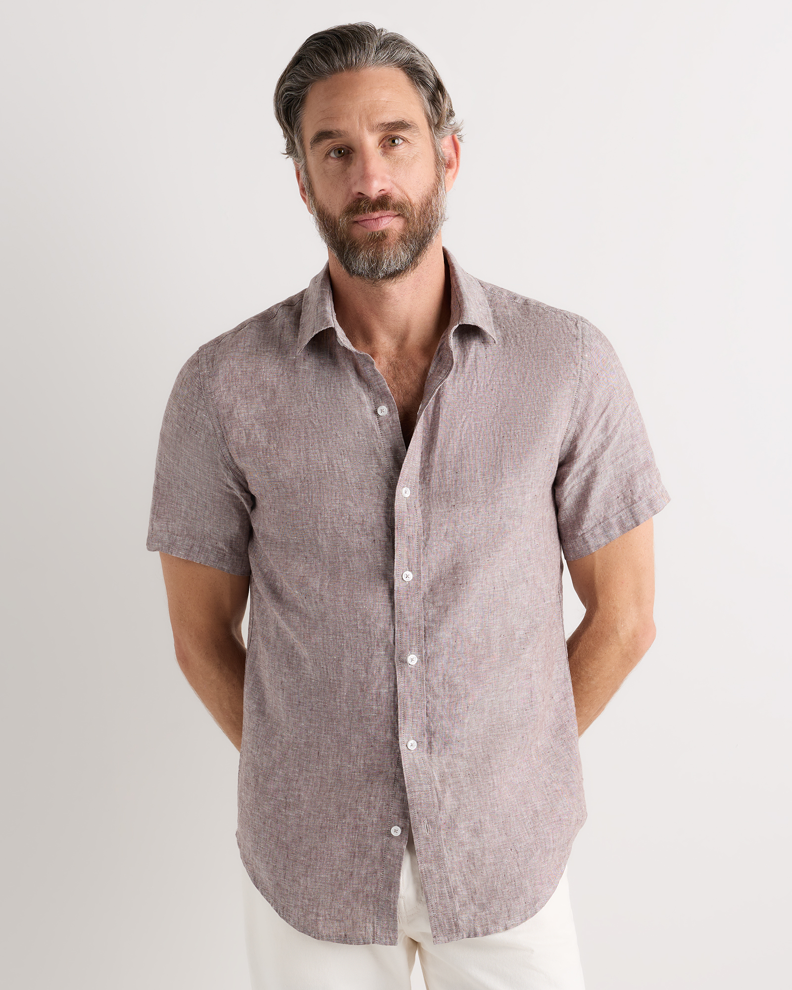 Taupe Brown Chambray 100% European Linen Relaxed Short Sleeve Shirt