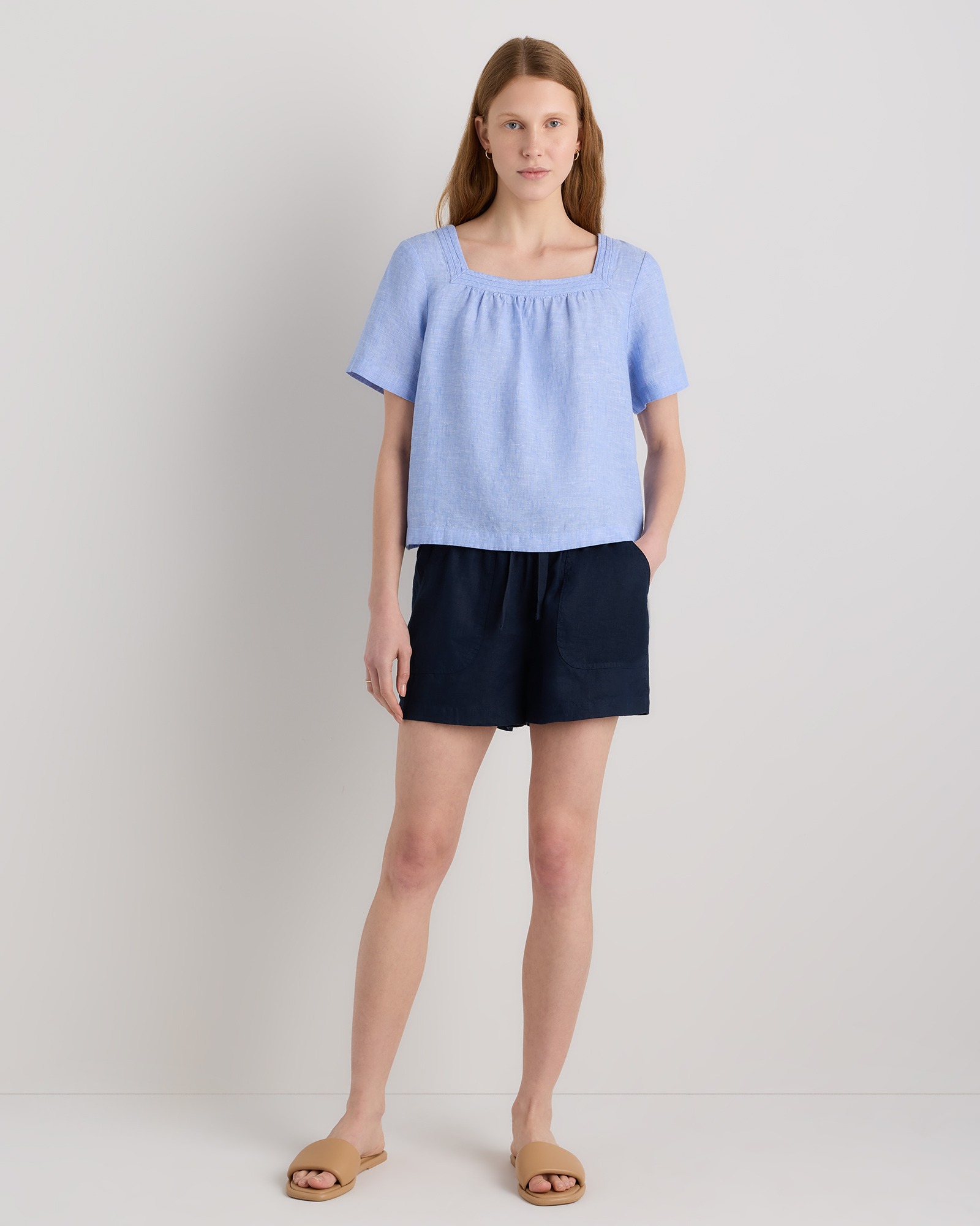 100% European Linen Square Neck Swing Top in French Blue