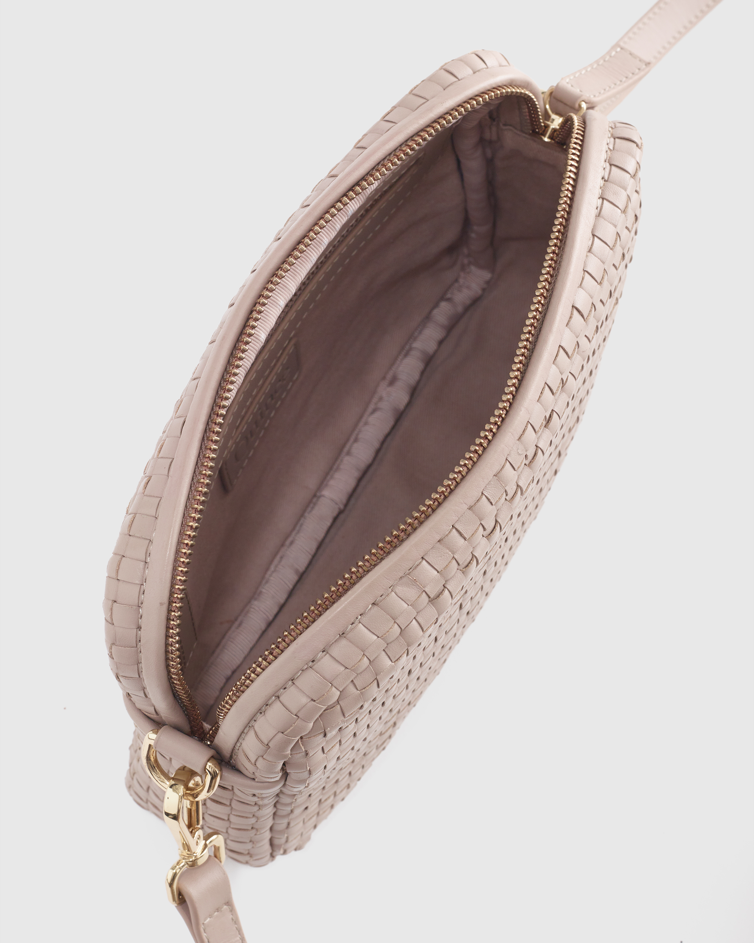 Italian Leather Woven Camera Crossbody in Taupe