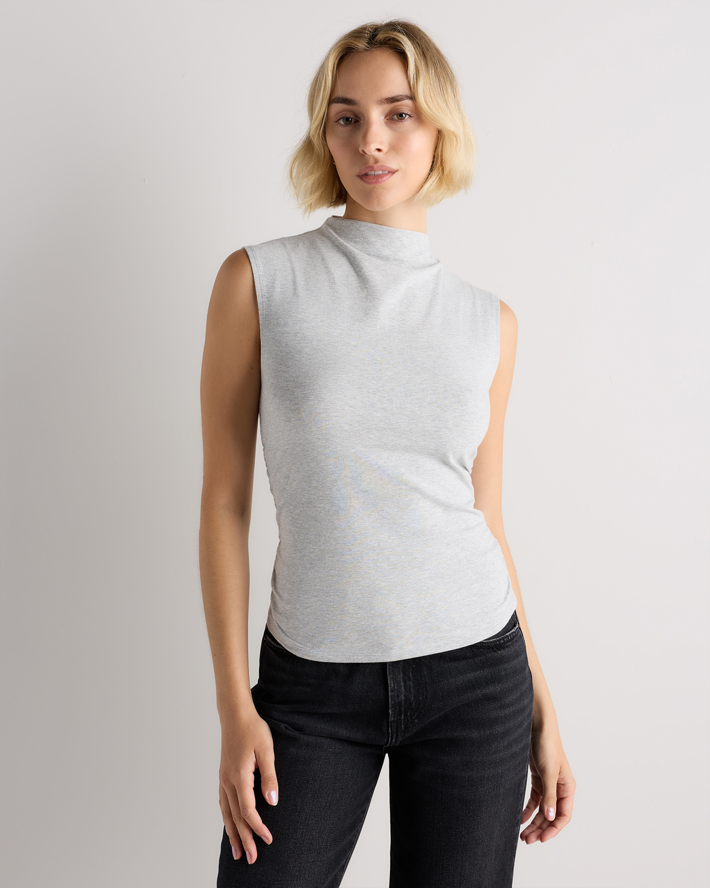 Heather Grey Stretch Cotton Jersey Sleeveless Mock Neck Top