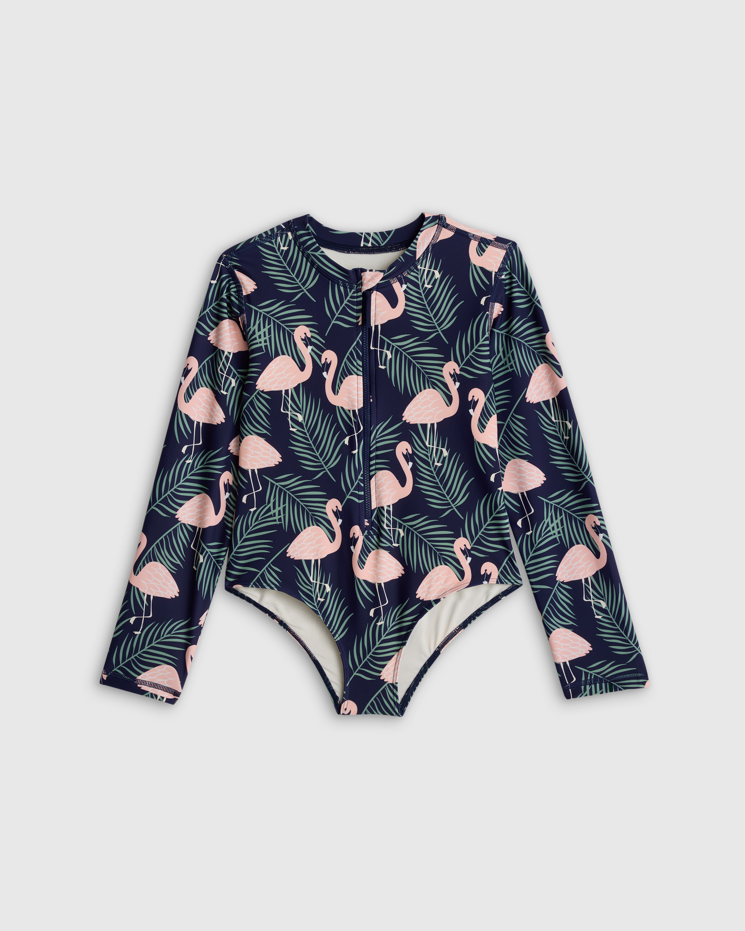 Flamingo Palms Long Sleeve Zip-Up Swimsuit
