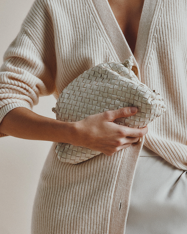 Bone Italian Leather Handwoven Pouch Crossbody Clutch
