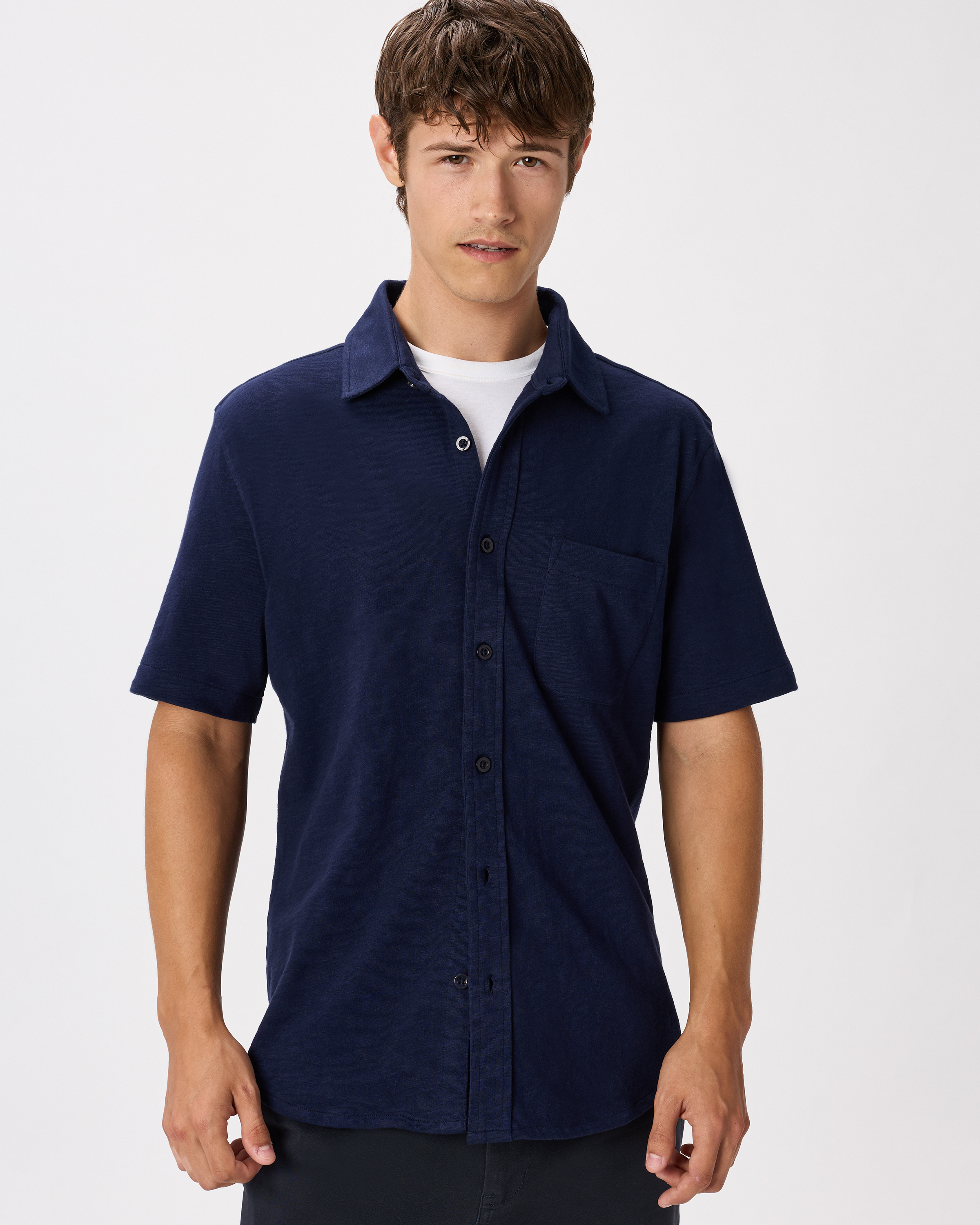 Deep Navy Chemise à manches courtes en coton 100 % biologique flammé à boutons