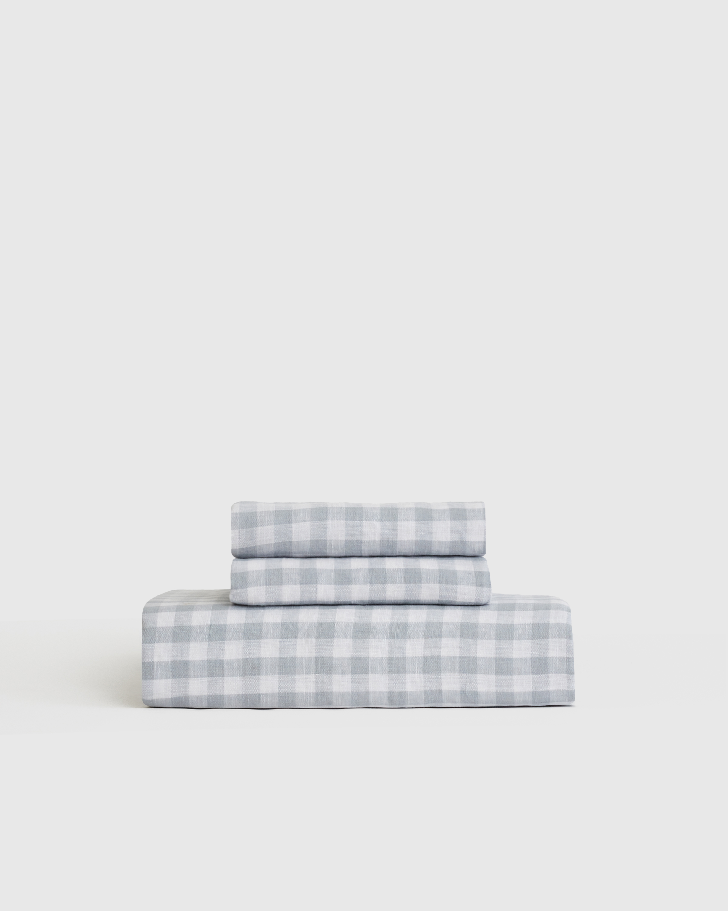 European Linen Gingham Fitted Sheet Set, Queen, Blue Fog Gingham