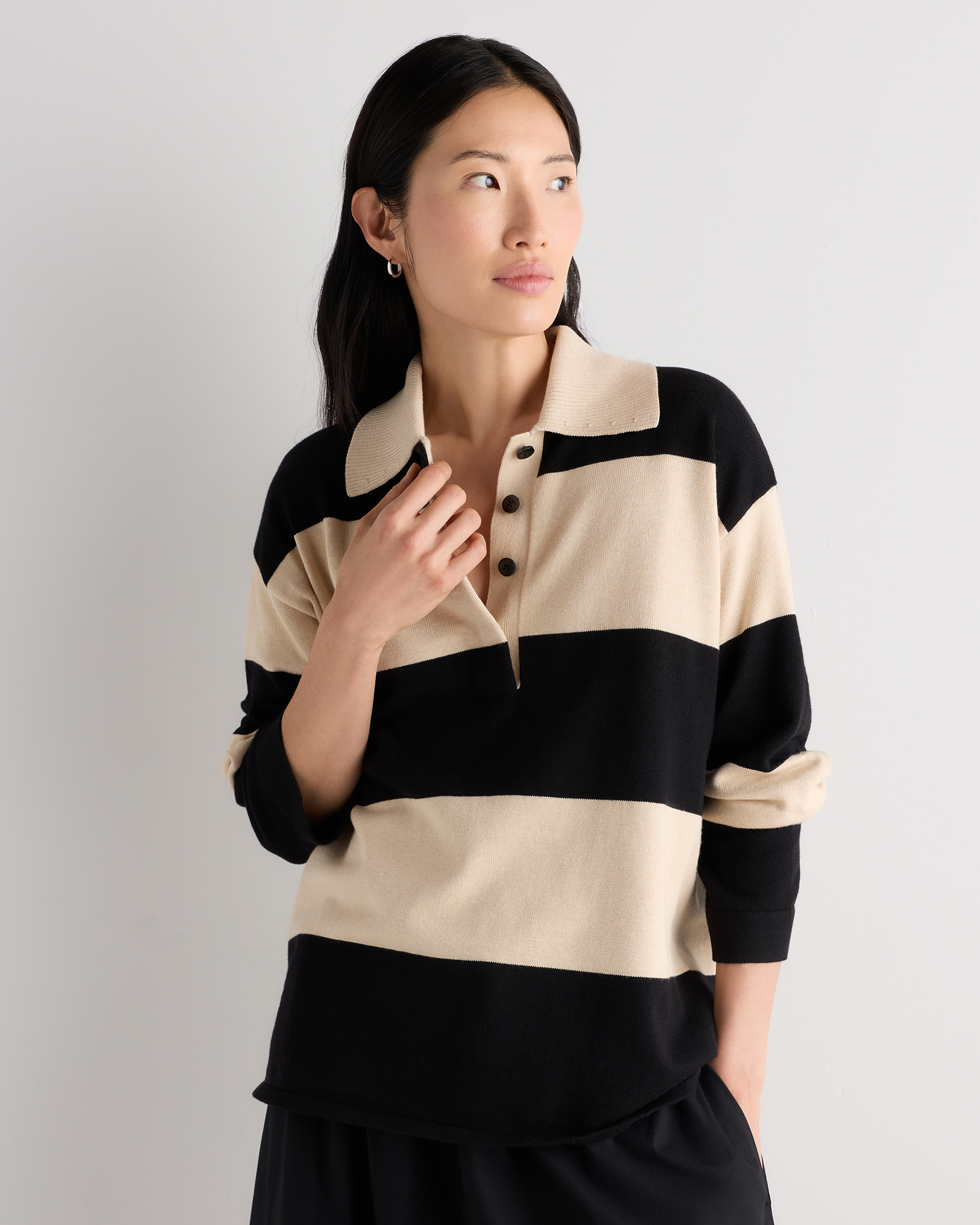 Oatmeal / Black Rugby Stripe Cotton Cashmere Rugby Polo Sweater