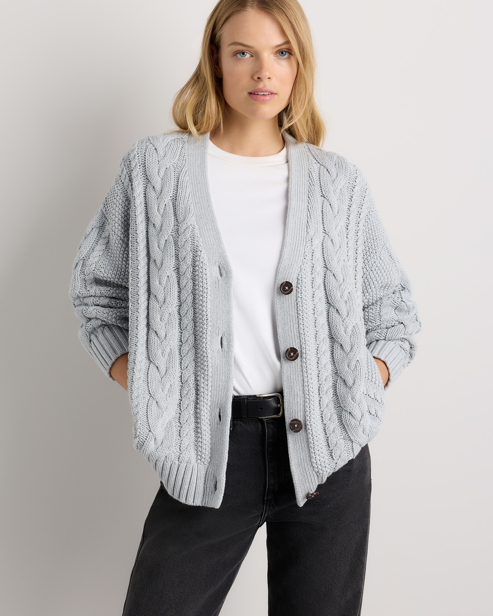 Heather Dove Grey 100% Organic Cotton Oversized Cable Cardigan 