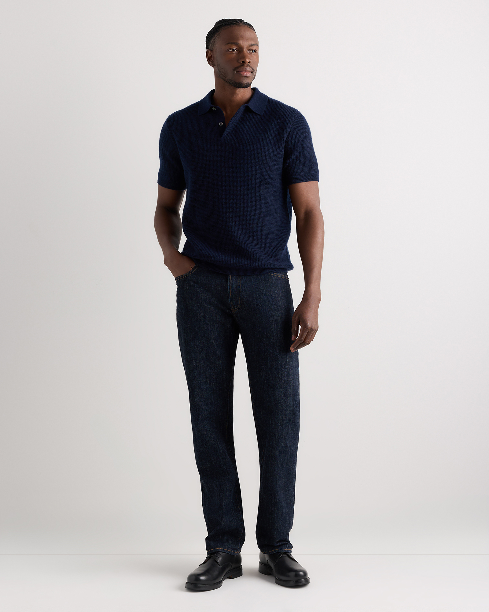 Men's Mongolian Cashmere Waffle Short Sleeve Polo Sweater in True Navy