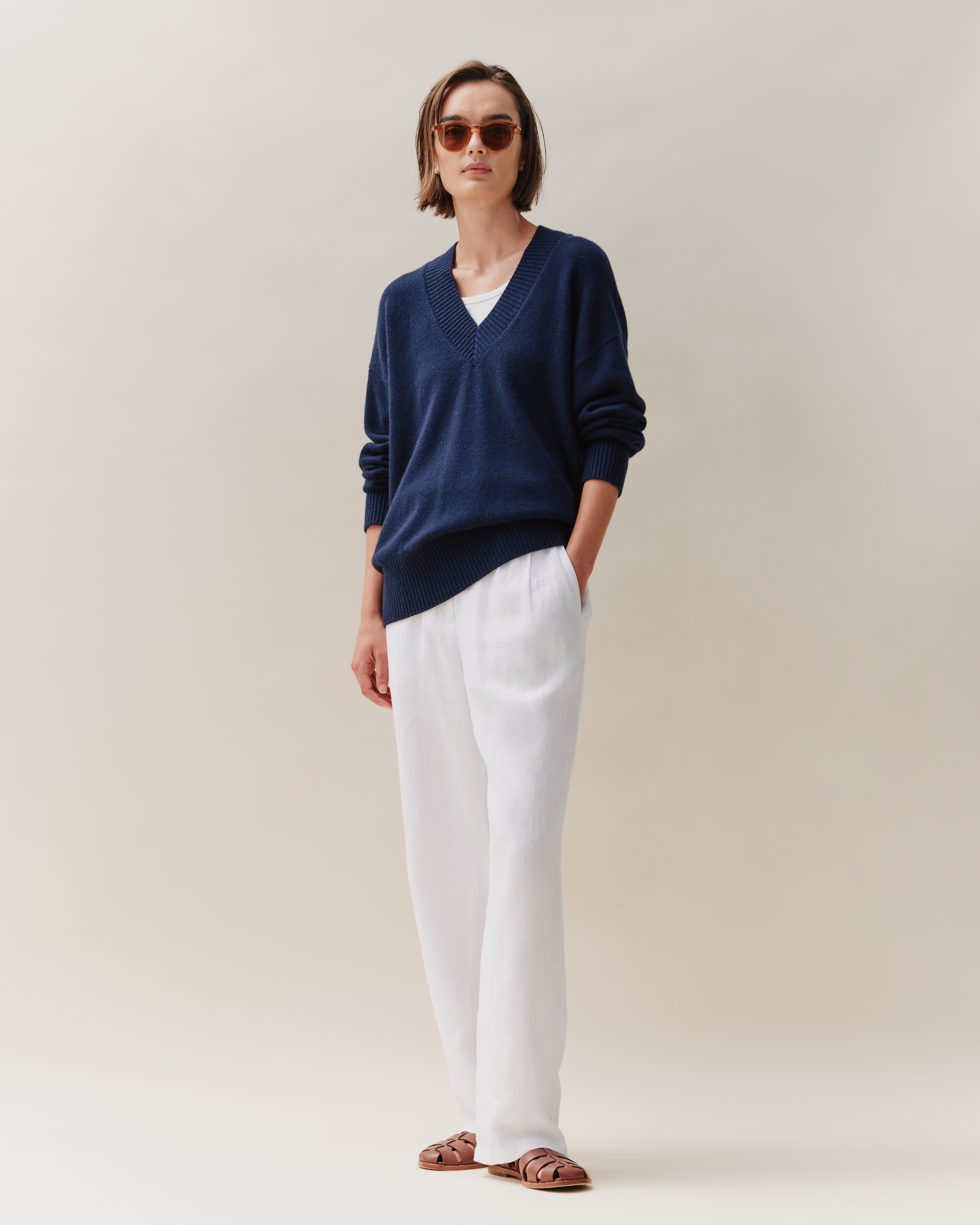 White 100% European Linen Pleated Trouser