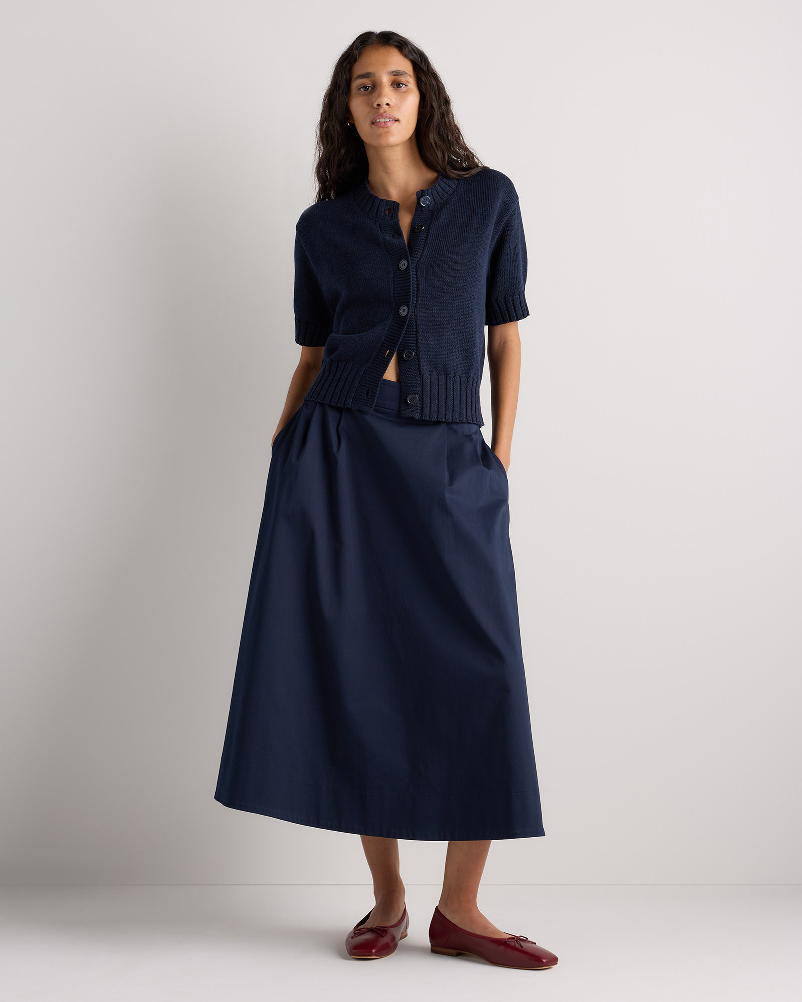 Cotton Linen Short Sleeve Cardigan in Deep Navy